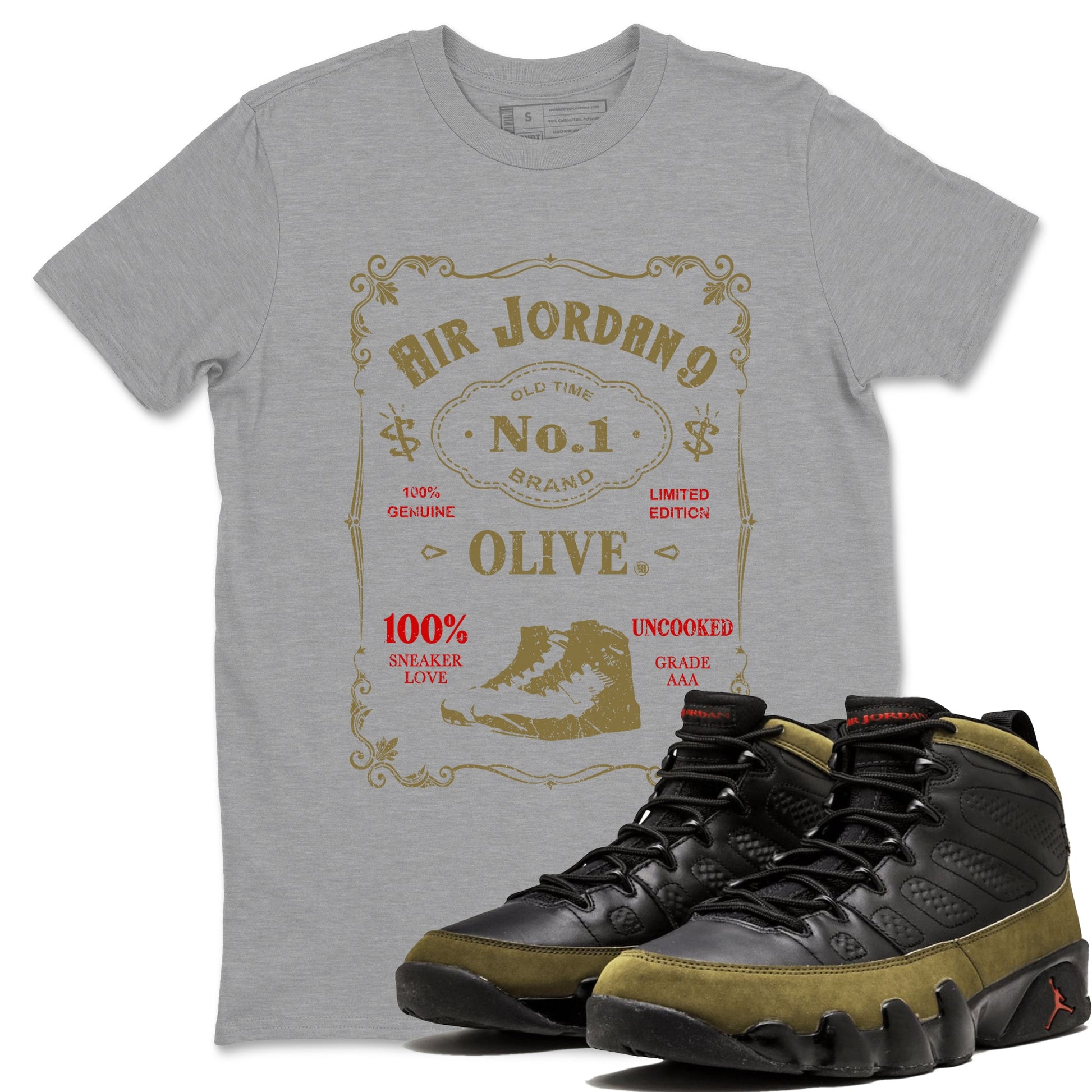 9s Olive shirts to match jordans Sneaker Label sneaker match tees Air Jordan 9 Olive match shoes to clothes SNRT Sneaker Tees unisex cotton Heather Grey 1 shirts