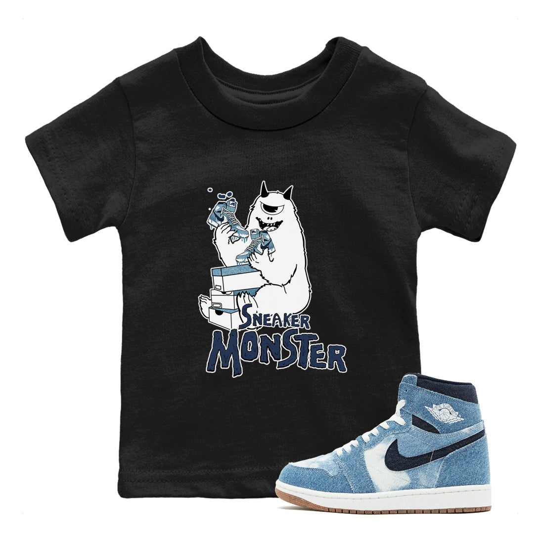1s Denim shirts to match jordans Sneaker Monster sneaker match tees Air Jordan 1 Denim SNRT Sneaker Tees streetwear brand Baby and Youth Black 1 cotton tee