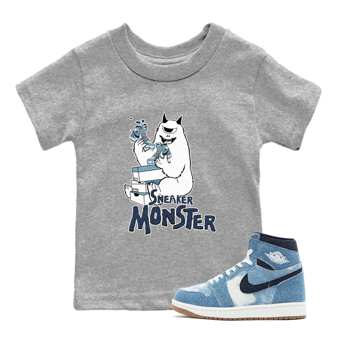 1s Denim shirts to match jordans Sneaker Monster sneaker match tees Air Jordan 1 Denim SNRT Sneaker Tees streetwear brand Baby and Youth Heather Grey 1 cotton tee