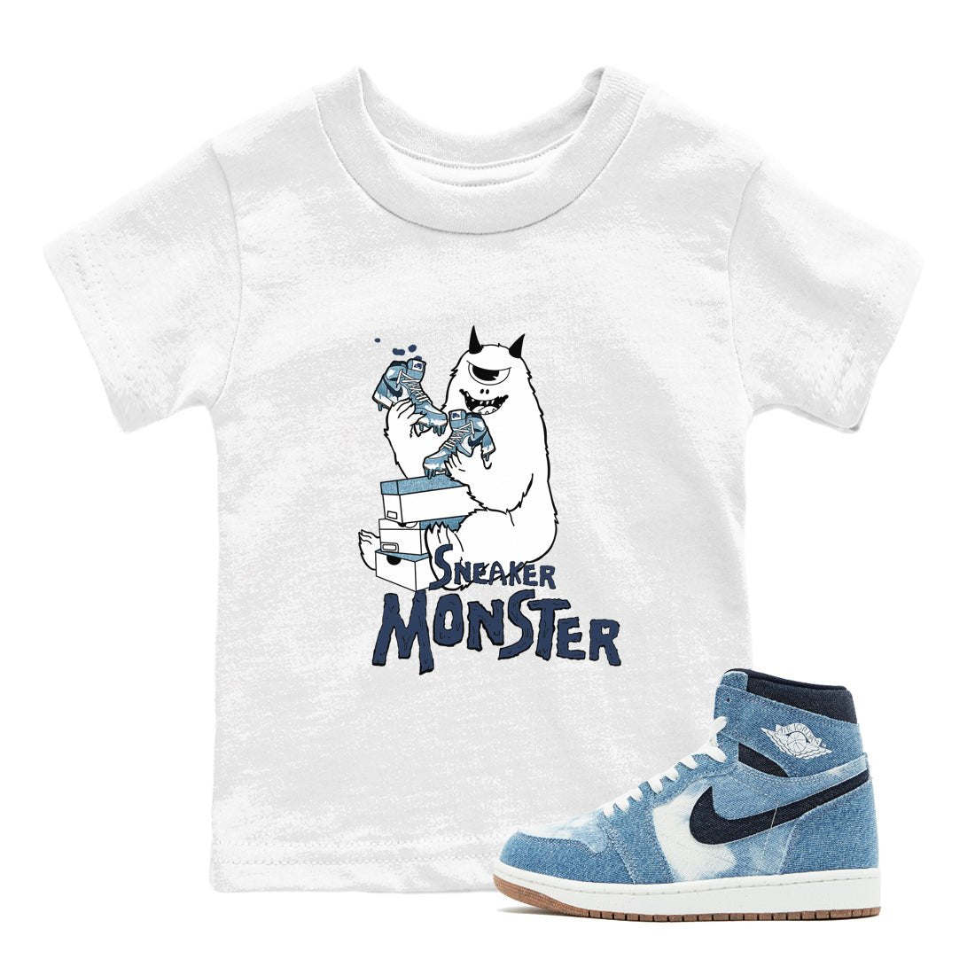 1s Denim shirts to match jordans Sneaker Monster sneaker match tees Air Jordan 1 Denim SNRT Sneaker Tees streetwear brand Baby and Youth White 1 cotton tee