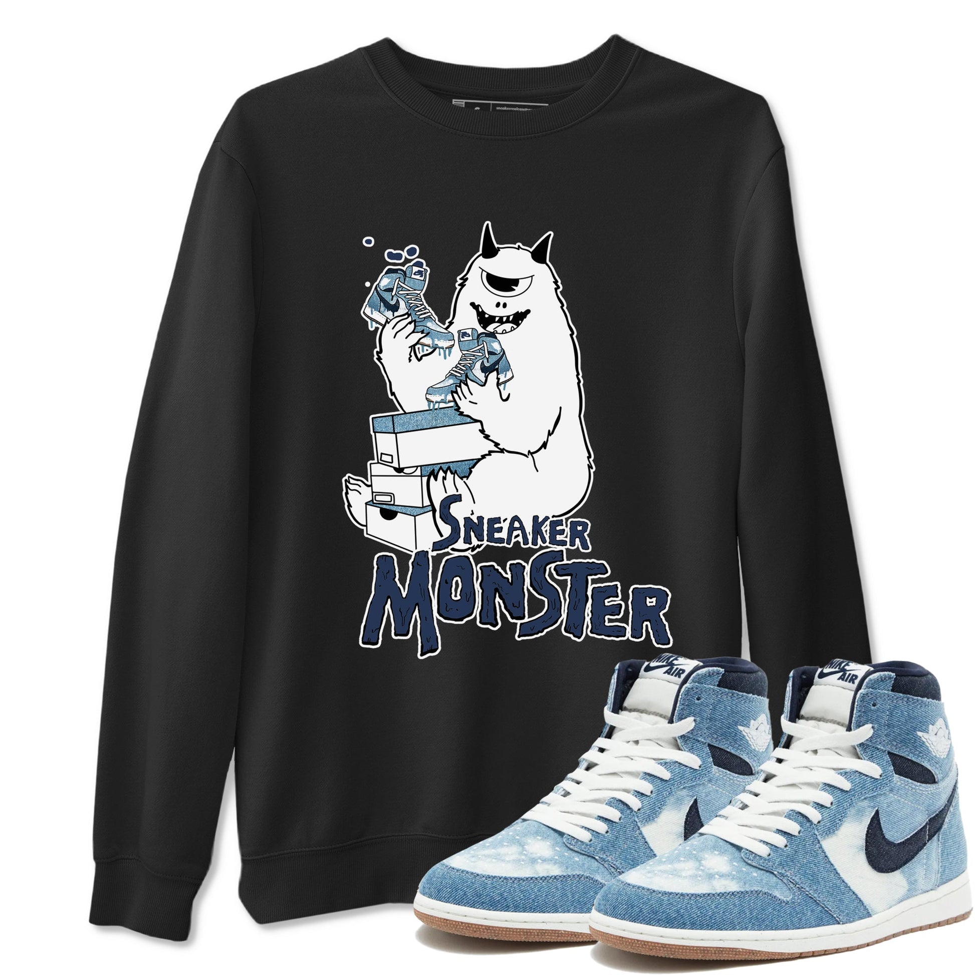 1s Denim shirts to match jordans Sneaker Monster sneaker match tees Air Jordan 1 Denim SNRT Sneaker Tees streetwear brand Black 1 unisex cotton tee