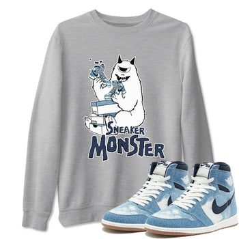 1s Denim shirts to match jordans Sneaker Monster sneaker match tees Air Jordan 1 Denim SNRT Sneaker Tees streetwear brand Heather Grey 1 unisex cotton tee