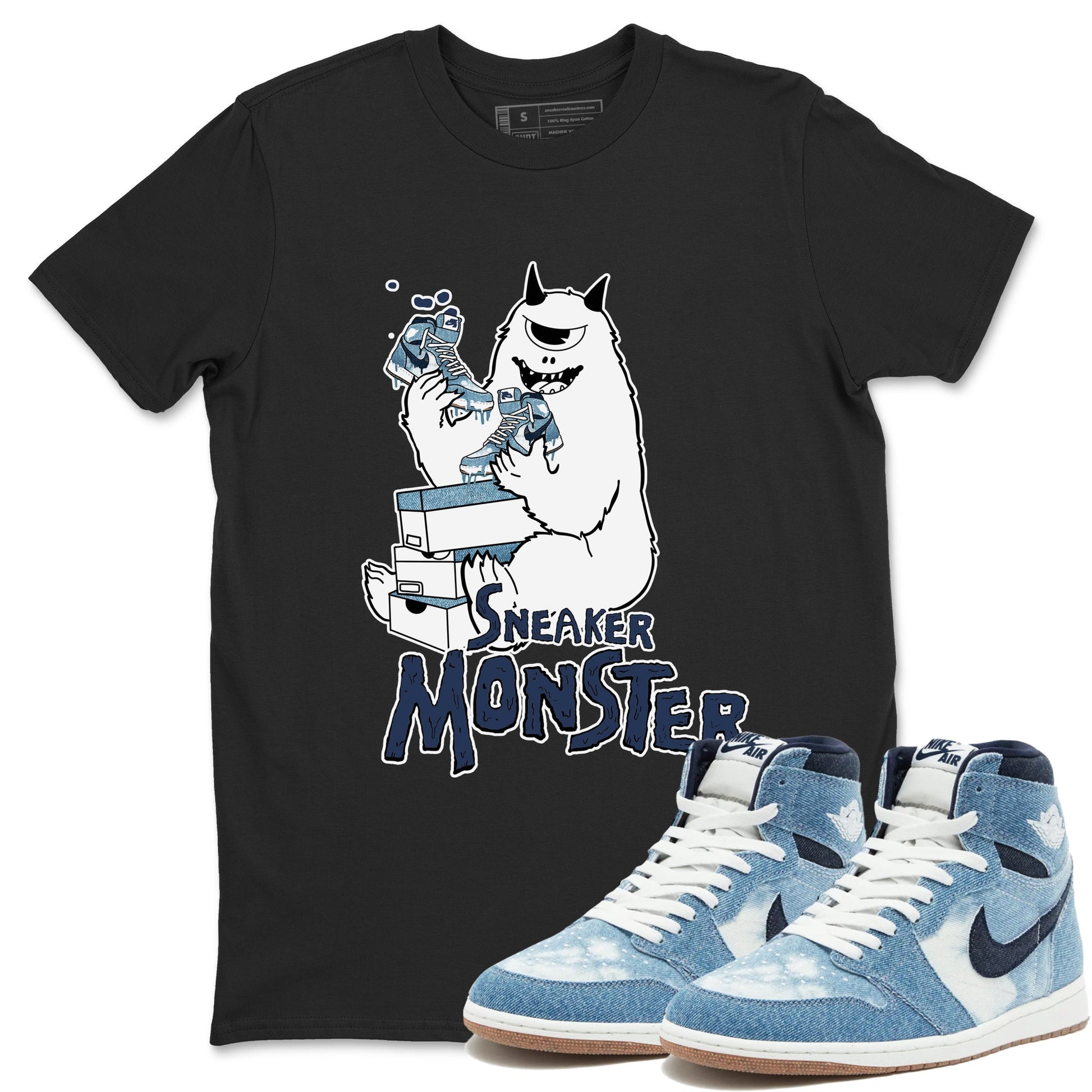 1s Denim shirts to match jordans Sneaker Monster sneaker match tees Air Jordan 1 Denim SNRT Sneaker Tees streetwear brand Black 1 unisex cotton tee