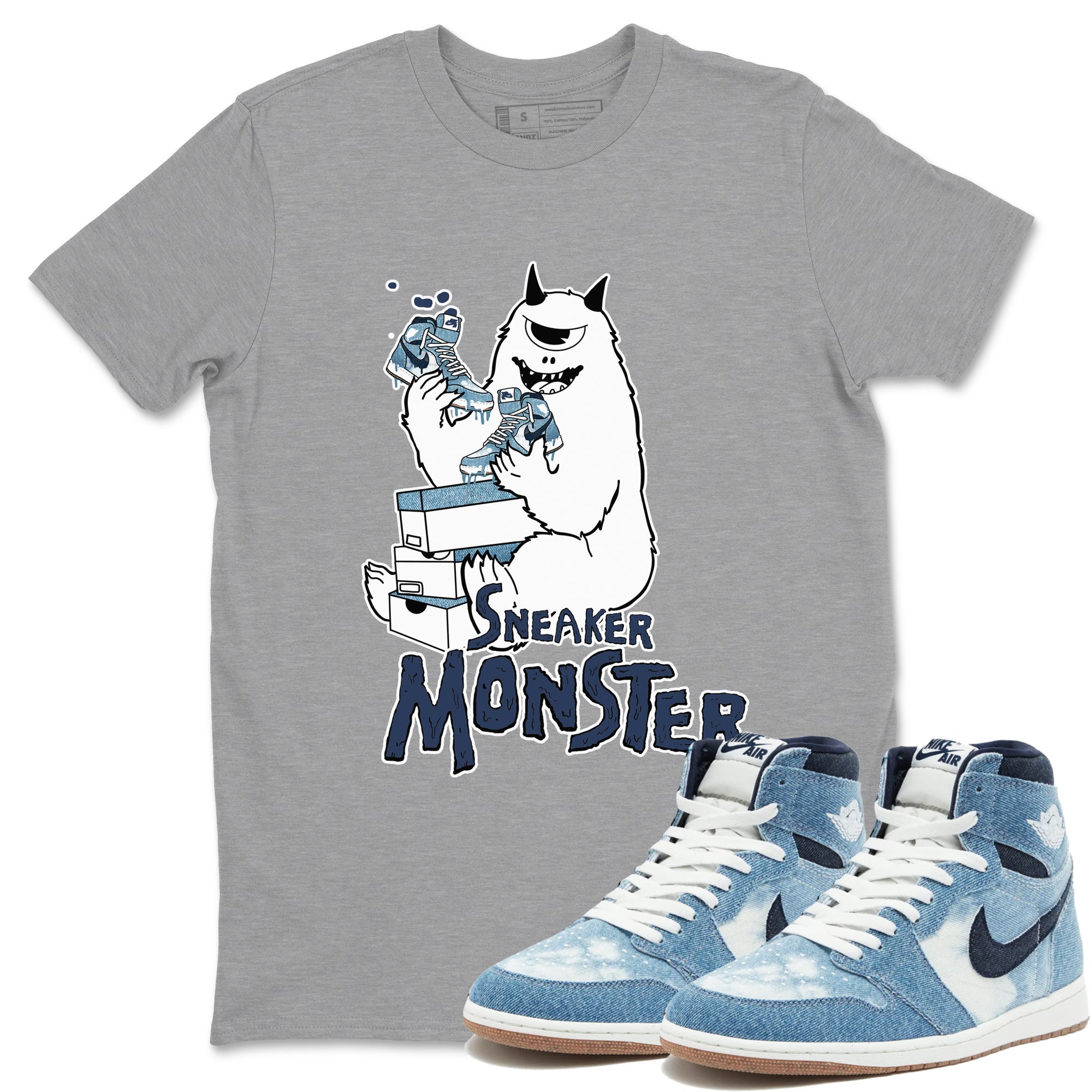 1s Denim shirts to match jordans Sneaker Monster sneaker match tees Air Jordan 1 Denim SNRT Sneaker Tees streetwear brand Heather Grey 1 unisex cotton tee