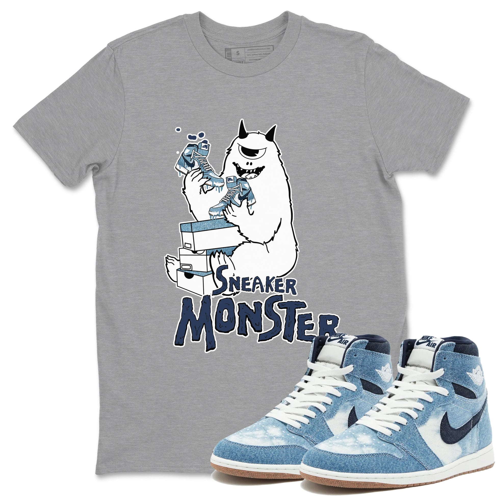 1s Denim shirts to match jordans Sneaker Monster sneaker match tees Air Jordan 1 Denim SNRT Sneaker Tees streetwear brand Heather Grey 1 unisex cotton tee
