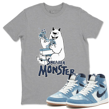 1s Denim shirts to match jordans Sneaker Monster sneaker match tees Air Jordan 1 Denim SNRT Sneaker Tees streetwear brand Heather Grey 1 unisex cotton tee