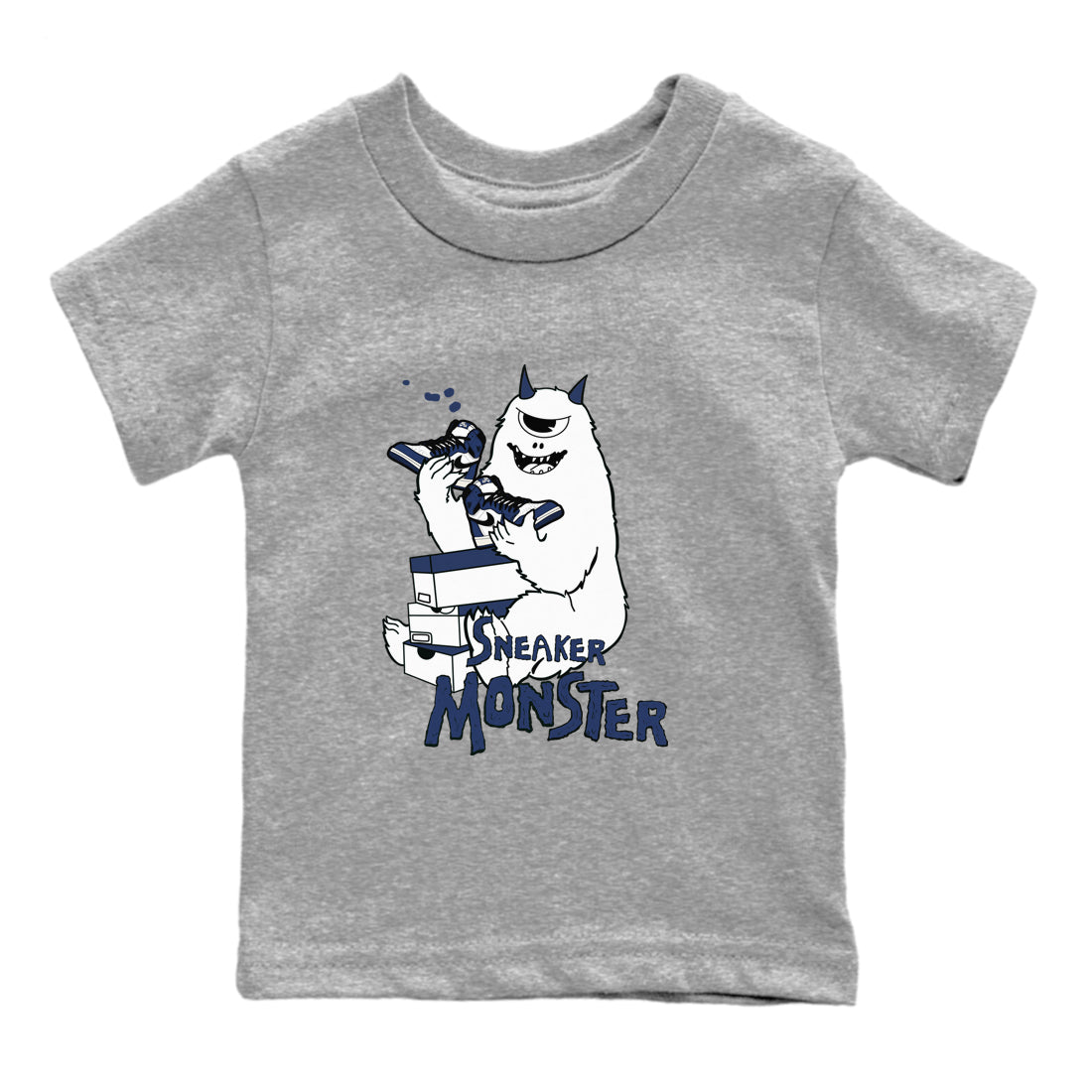 1s Midnight Navy shirts to match jordans Sneaker Monster sneaker match tees Air Jordan 1 Midnight Navy match shoes to clothes SNRT Sneaker Tees Youth Baby Heather Grey 2 tee