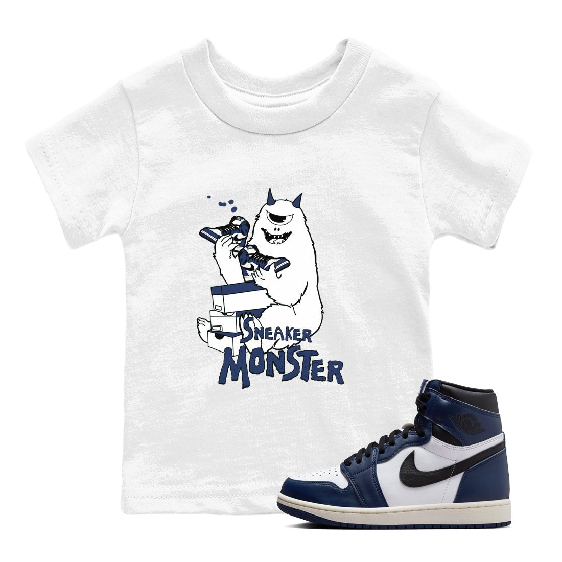 1s Midnight Navy shirts to match jordans Sneaker Monster sneaker match tees Air Jordan 1 Midnight Navy match shoes to clothes SNRT Sneaker Tees Youth Baby White 1 tee