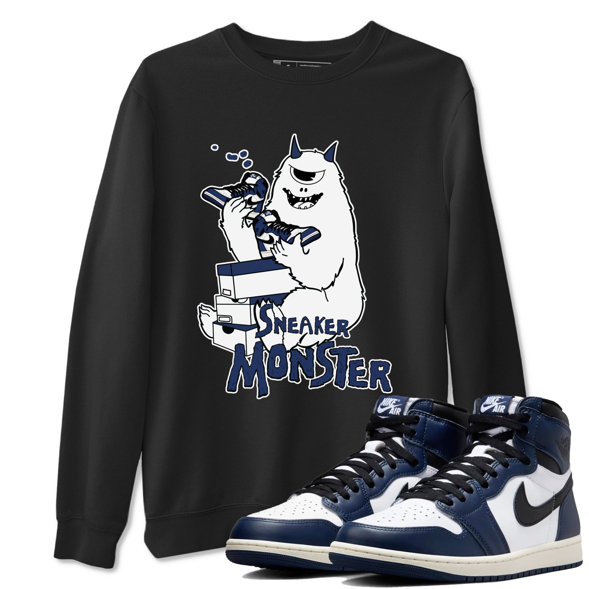 1s Midnight Navy shirts to match jordans Sneaker Monster sneaker match tees Air Jordan 1 Midnight Navy match shoes to clothes SNRT Sneaker Tees unisex cotton Black 1 shirts