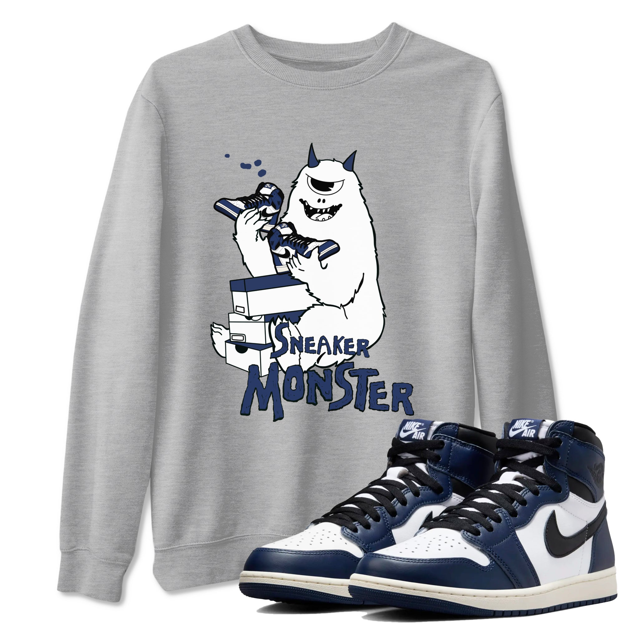 1s Midnight Navy shirts to match jordans Sneaker Monster sneaker match tees Air Jordan 1 Midnight Navy match shoes to clothes SNRT Sneaker Tees unisex cotton Heather Grey 1 shirts