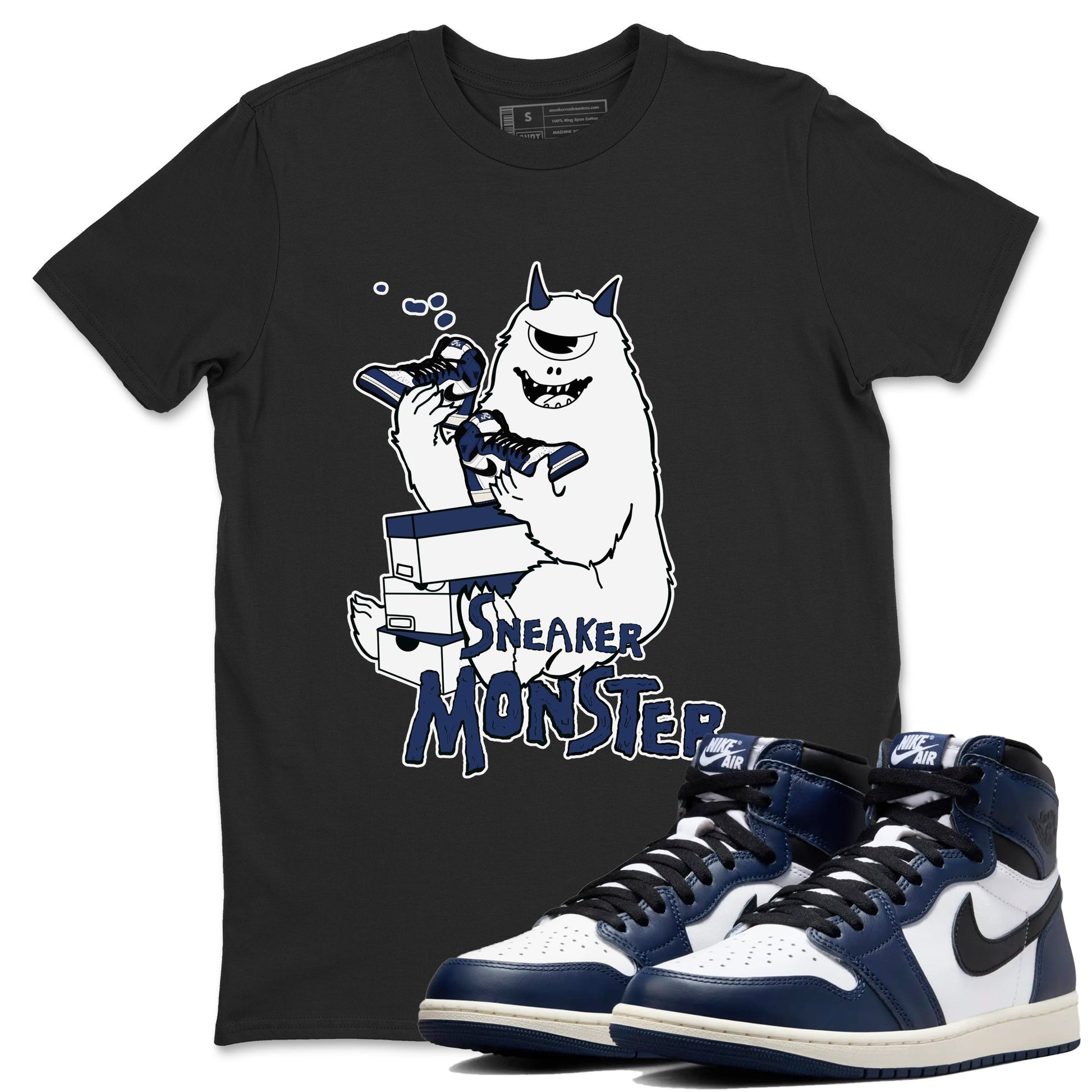 1s Midnight Navy shirts to match jordans Sneaker Monster sneaker match tees Air Jordan 1 Midnight Navy match shoes to clothes SNRT Sneaker Tees unisex cotton Black 1 shirts