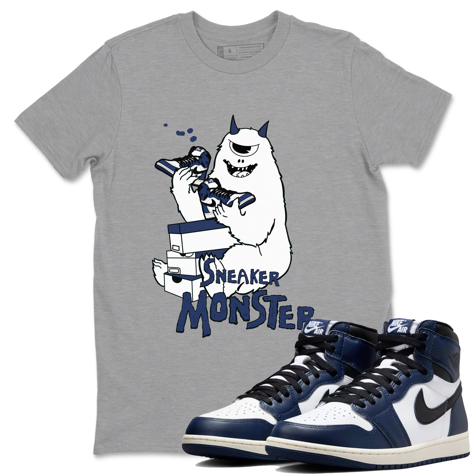 1s Midnight Navy shirts to match jordans Sneaker Monster sneaker match tees Air Jordan 1 Midnight Navy match shoes to clothes SNRT Sneaker Tees unisex cotton Heather Grey 1 shirts