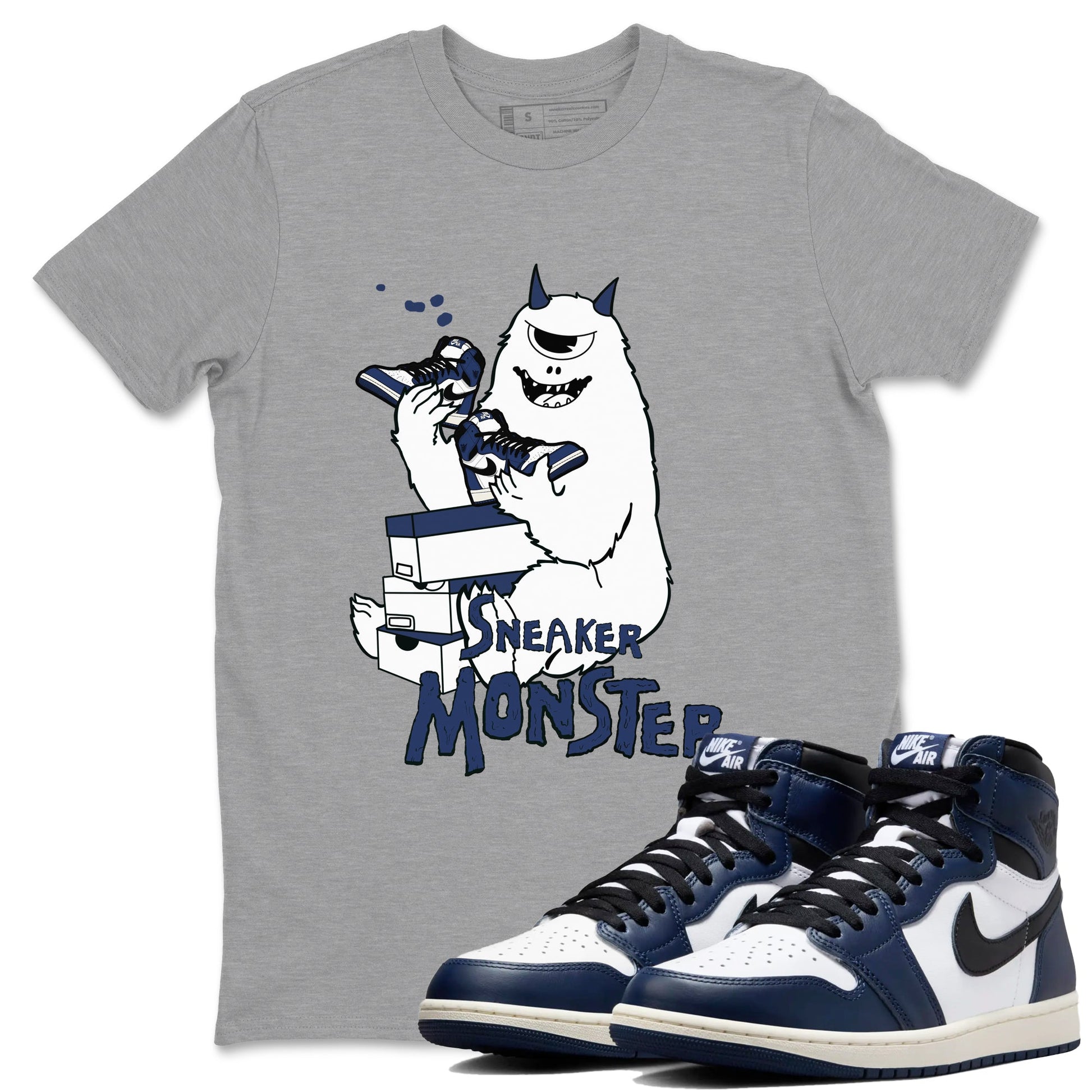 1s Midnight Navy shirts to match jordans Sneaker Monster sneaker match tees Air Jordan 1 Midnight Navy match shoes to clothes SNRT Sneaker Tees unisex cotton Heather Grey 1 shirts