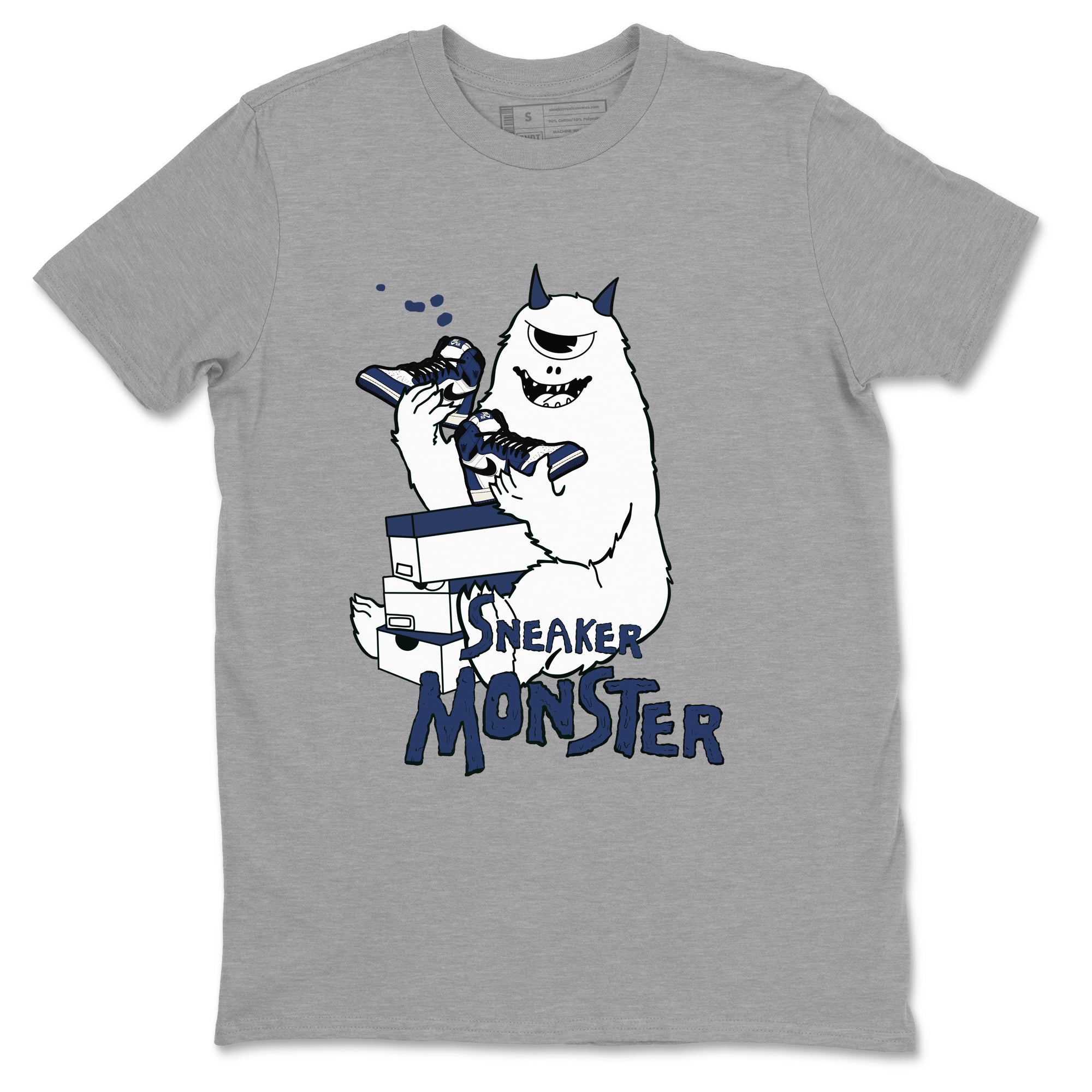 1s Midnight Navy shirts to match jordans Sneaker Monster sneaker match tees Air Jordan 1 Midnight Navy match shoes to clothes SNRT Sneaker Tees unisex cotton Heather Grey 2 shirts