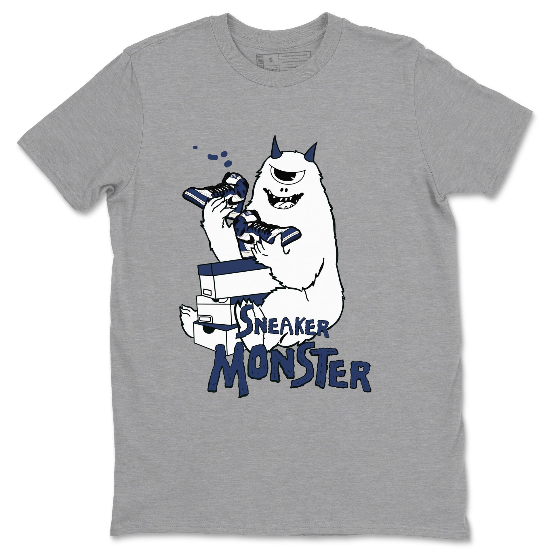 1s Midnight Navy shirts to match jordans Sneaker Monster sneaker match tees Air Jordan 1 Midnight Navy match shoes to clothes SNRT Sneaker Tees unisex cotton Heather Grey 2 shirts