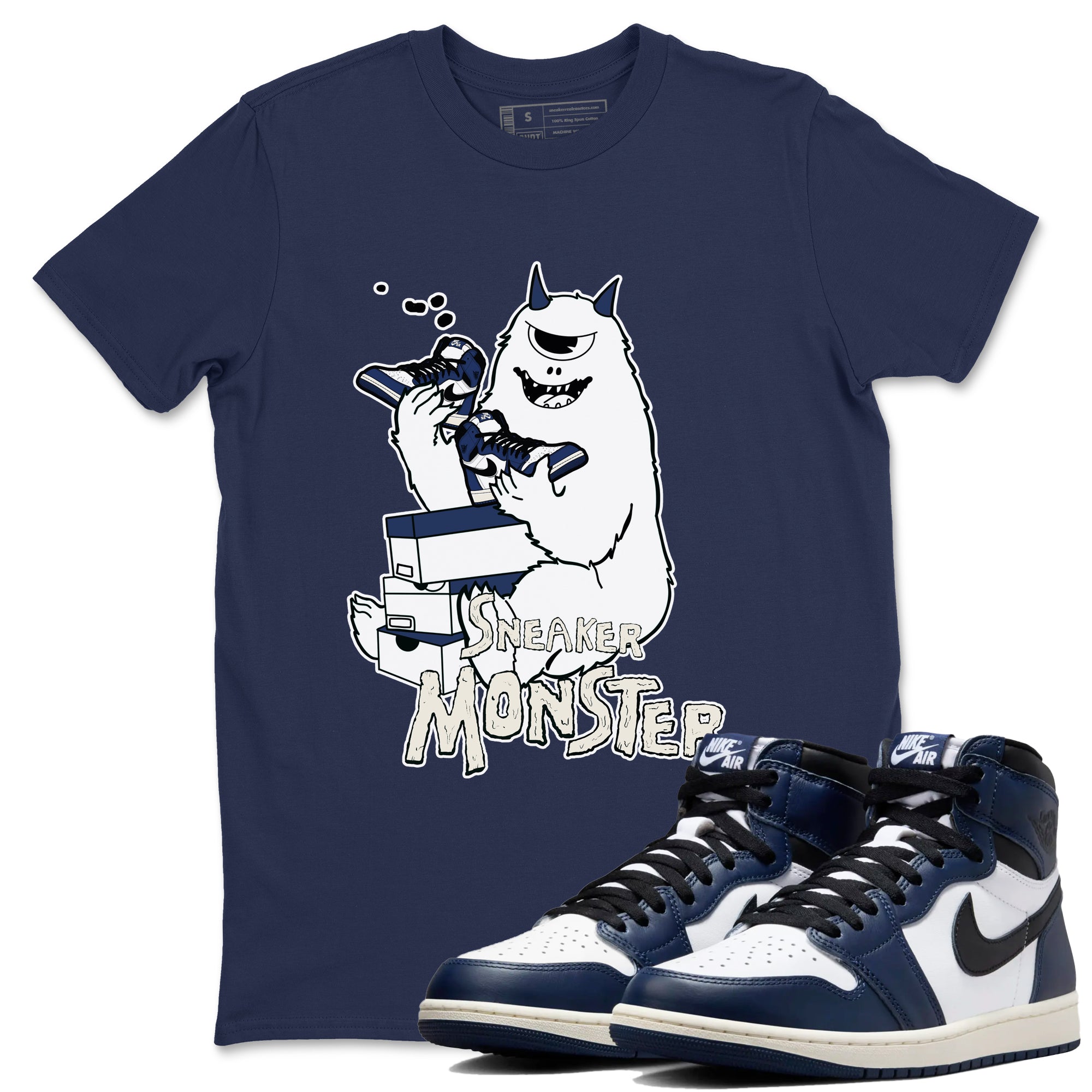 1s Midnight Navy shirts to match jordans Sneaker Monster sneaker match tees Air Jordan 1 Midnight Navy match shoes to clothes SNRT Sneaker Tees unisex cotton Navy 1 shirts