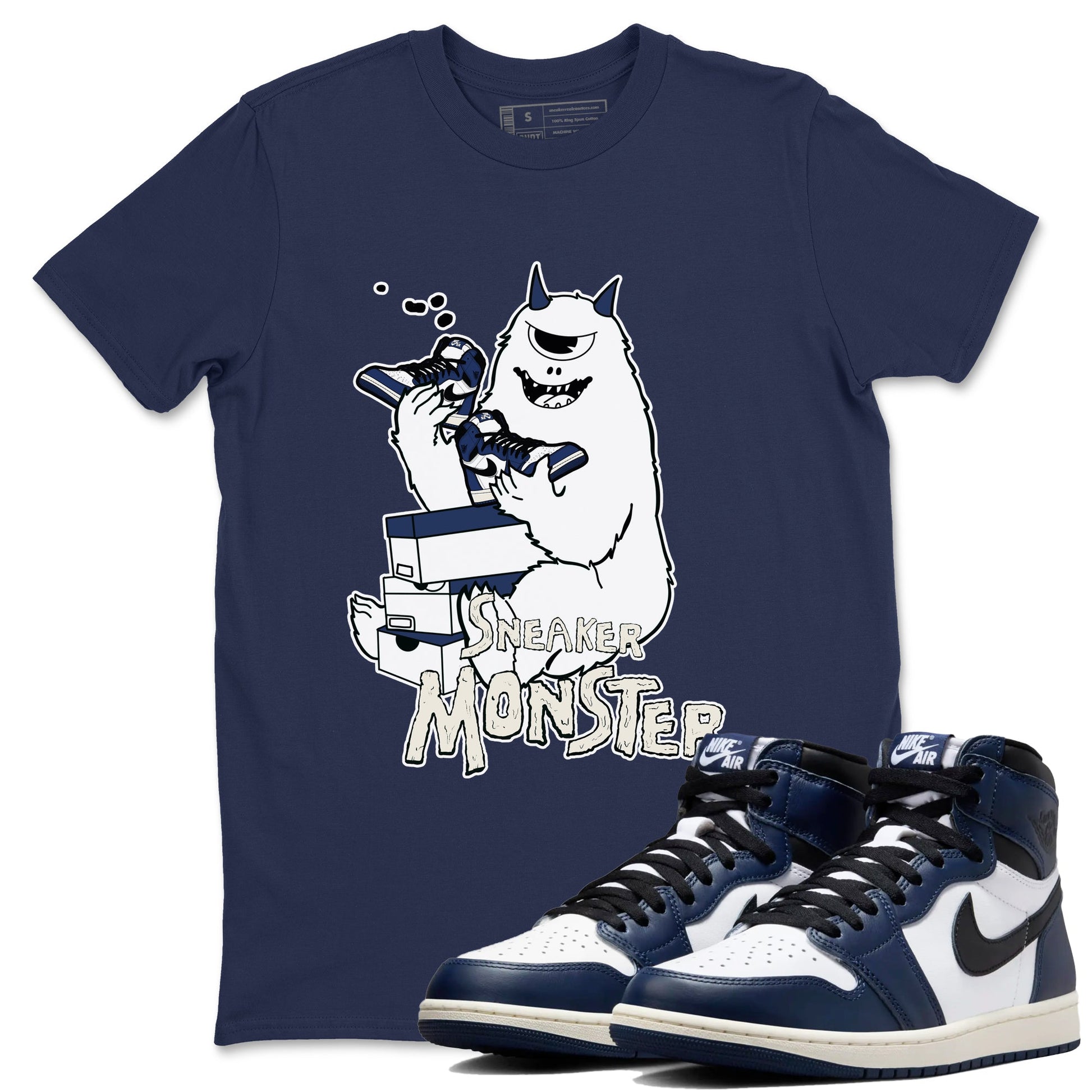 1s Midnight Navy shirts to match jordans Sneaker Monster sneaker match tees Air Jordan 1 Midnight Navy match shoes to clothes SNRT Sneaker Tees unisex cotton Navy 1 shirts