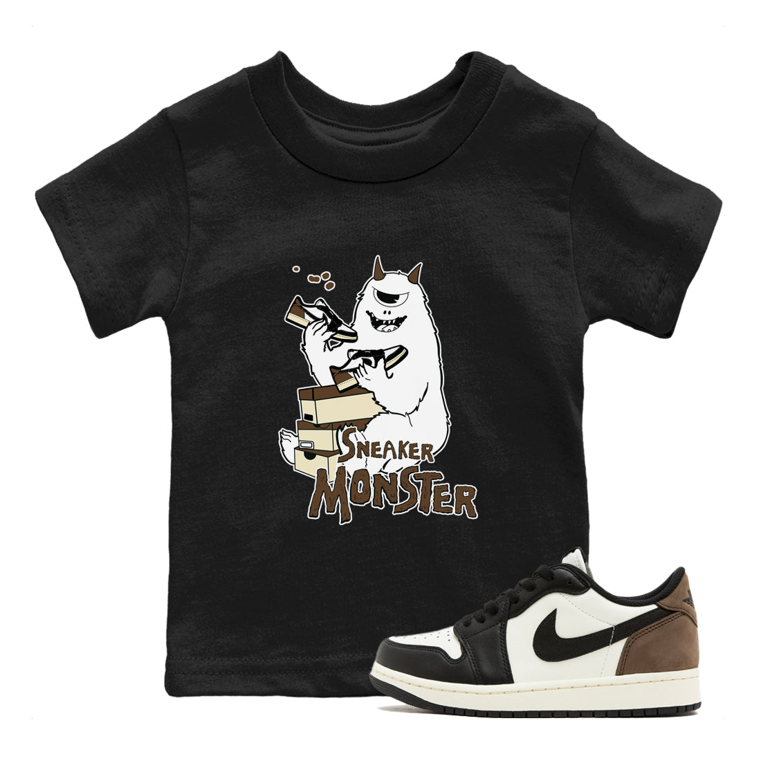 1s Mocha shirts to match jordans Sneaker Monster sneaker match tees Air Jordan 1 Mocha SNRT Sneaker Release Tees Youth Baby Black 1 crew neck shirts