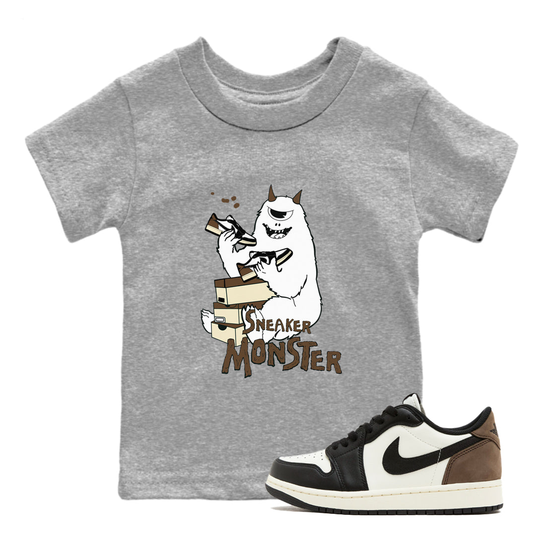 1s Mocha shirts to match jordans Sneaker Monster sneaker match tees Air Jordan 1 Mocha SNRT Sneaker Release Tees Youth Baby Heather Grey 1 crew neck shirts