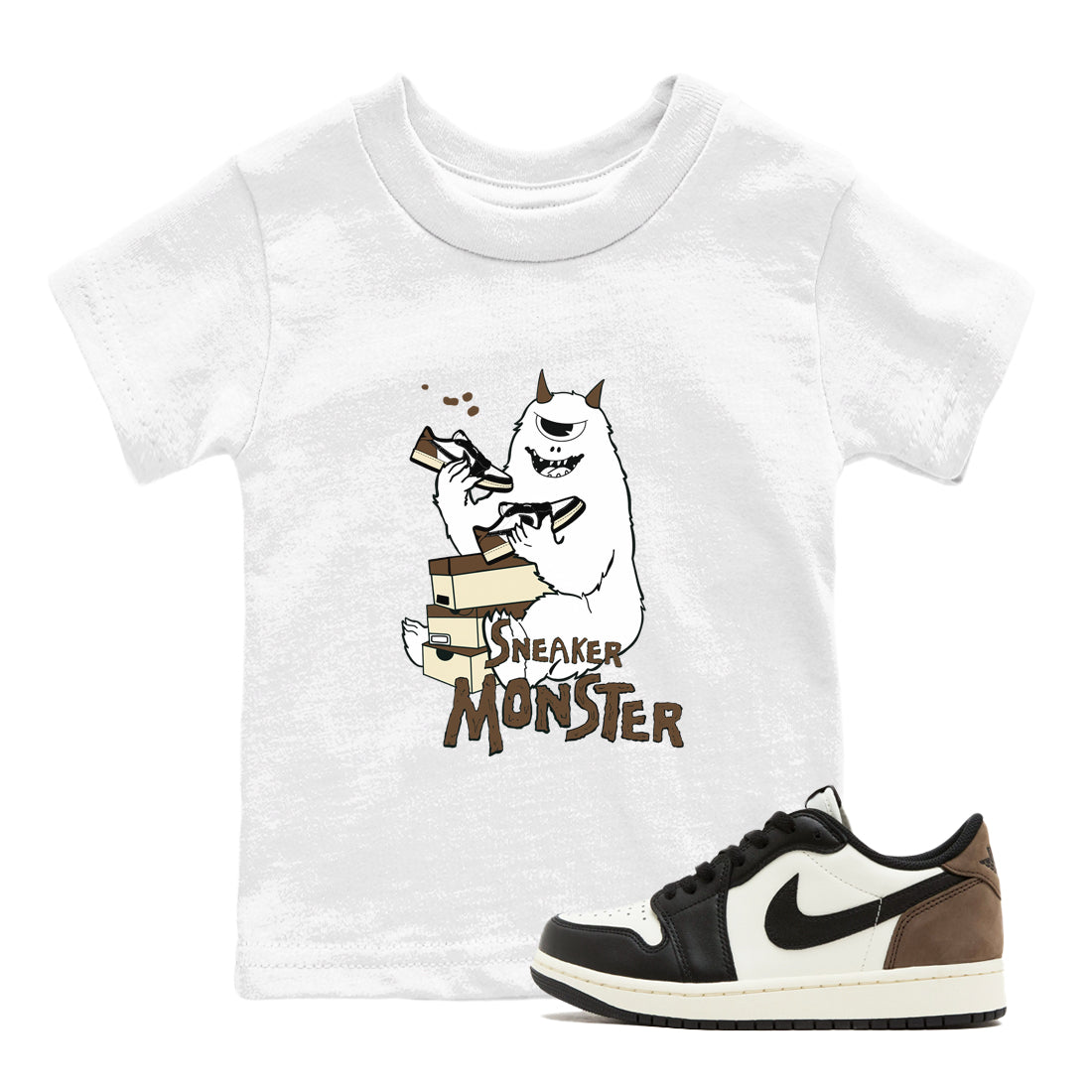 1s Mocha shirts to match jordans Sneaker Monster sneaker match tees Air Jordan 1 Mocha SNRT Sneaker Release Tees Youth Baby White 1 crew neck shirts