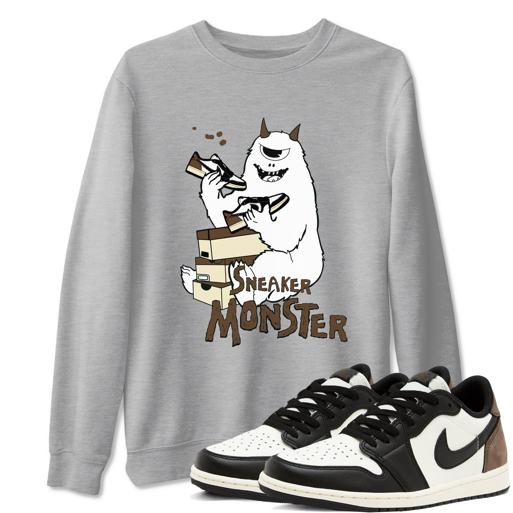 1s Mocha shirts to match jordans Sneaker Monster sneaker match tees Air Jordan 1 Mocha SNRT Sneaker Release Tees unisex cotton Heather Grey 1 crew neck shirts