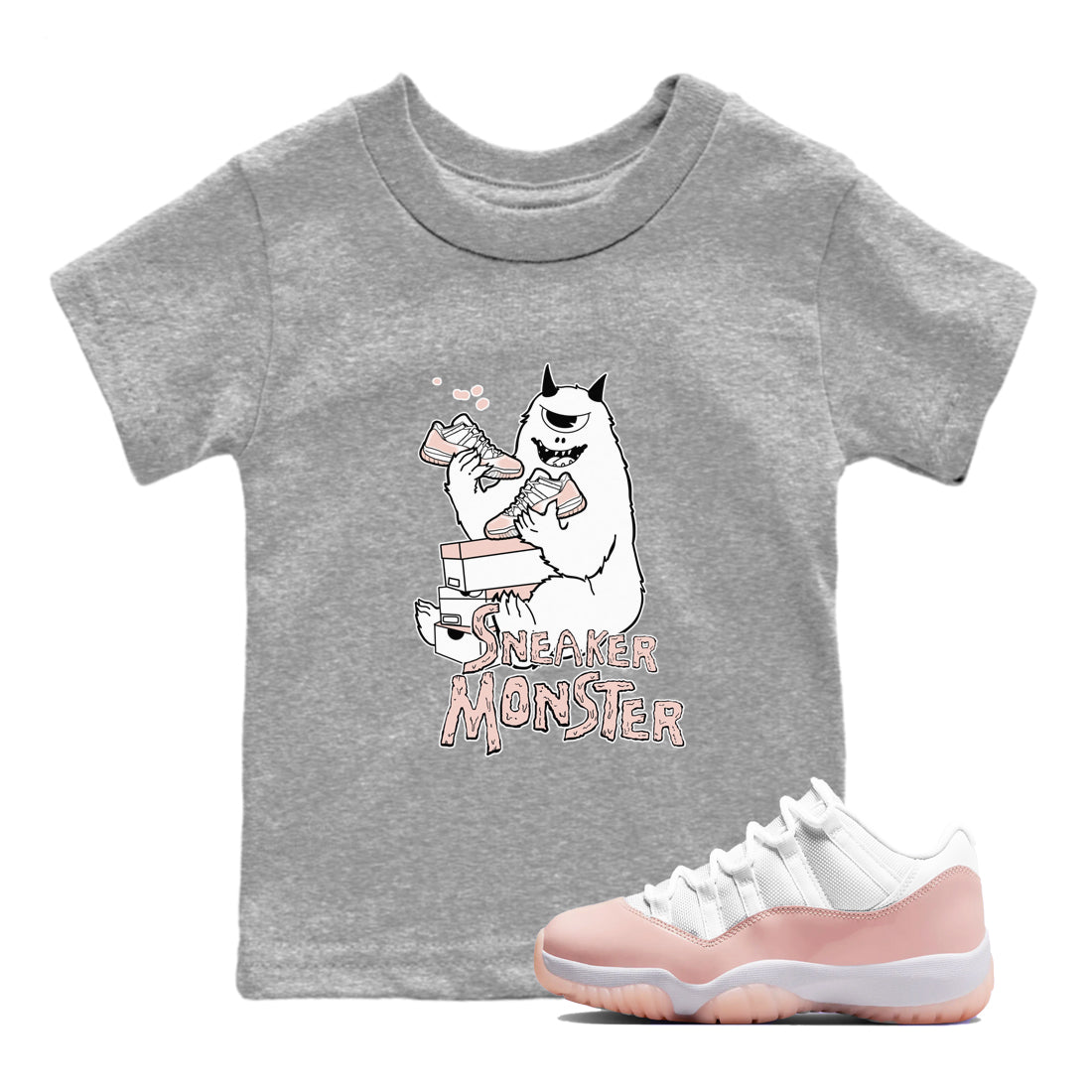 11s Legend Pink shirt to match jordans Sneaker Monster sneaker tees Air Jordan 11 Legend Pink SNRT sneaker release tees baby toddler Heather Grey 1 cotton Shirt