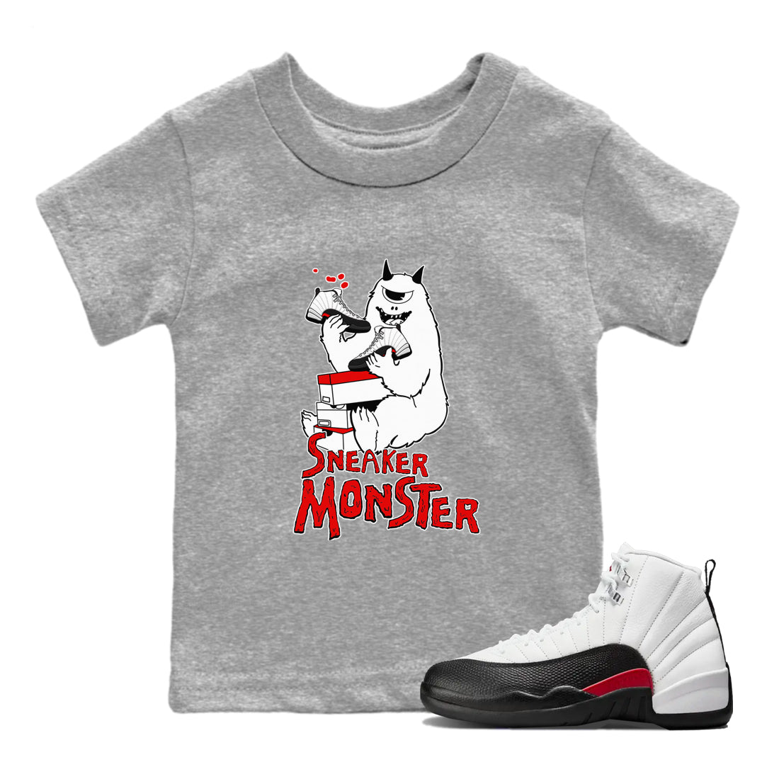 Air Jordan 12 Retro Taxi Flip shirts to match jordans Sneaker Monster sneaker match tees 12s Red Taxi SNRT sneaker release tees baby toddler Heather Grey 1 cotton Shirt