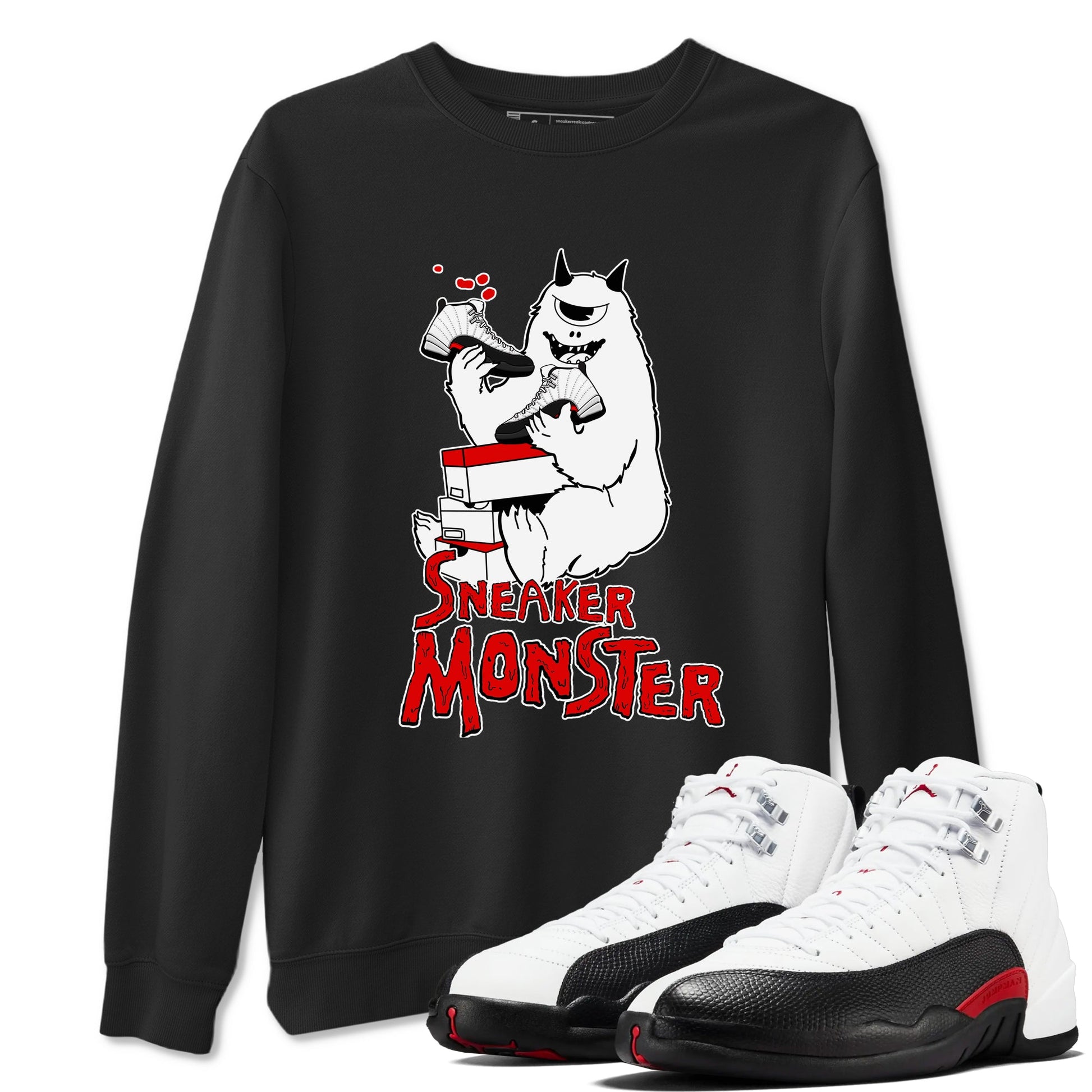 Air Jordan 12 Retro Taxi Flip shirts to match jordans Sneaker Monster sneaker match tees 12s Red Taxi SNRT sneaker release Tees unisex cotton Black 1 crew neck shirt