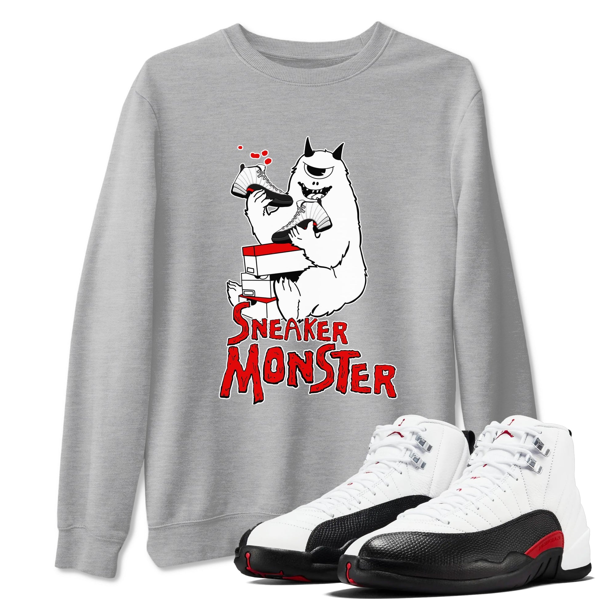 Air Jordan 12 Retro Taxi Flip shirts to match jordans Sneaker Monster sneaker match tees 12s Red Taxi SNRT sneaker release Tees unisex cotton Heather Grey 1 crew neck shirt