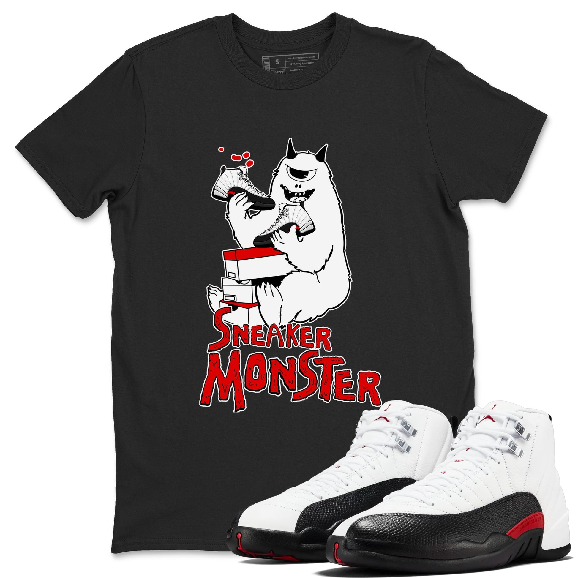 Air Jordan 12 Retro Taxi Flip shirts to match jordans Sneaker Monster sneaker match tees 12s Red Taxi SNRT sneaker release Tees unisex cotton Black 1 crew neck shirt