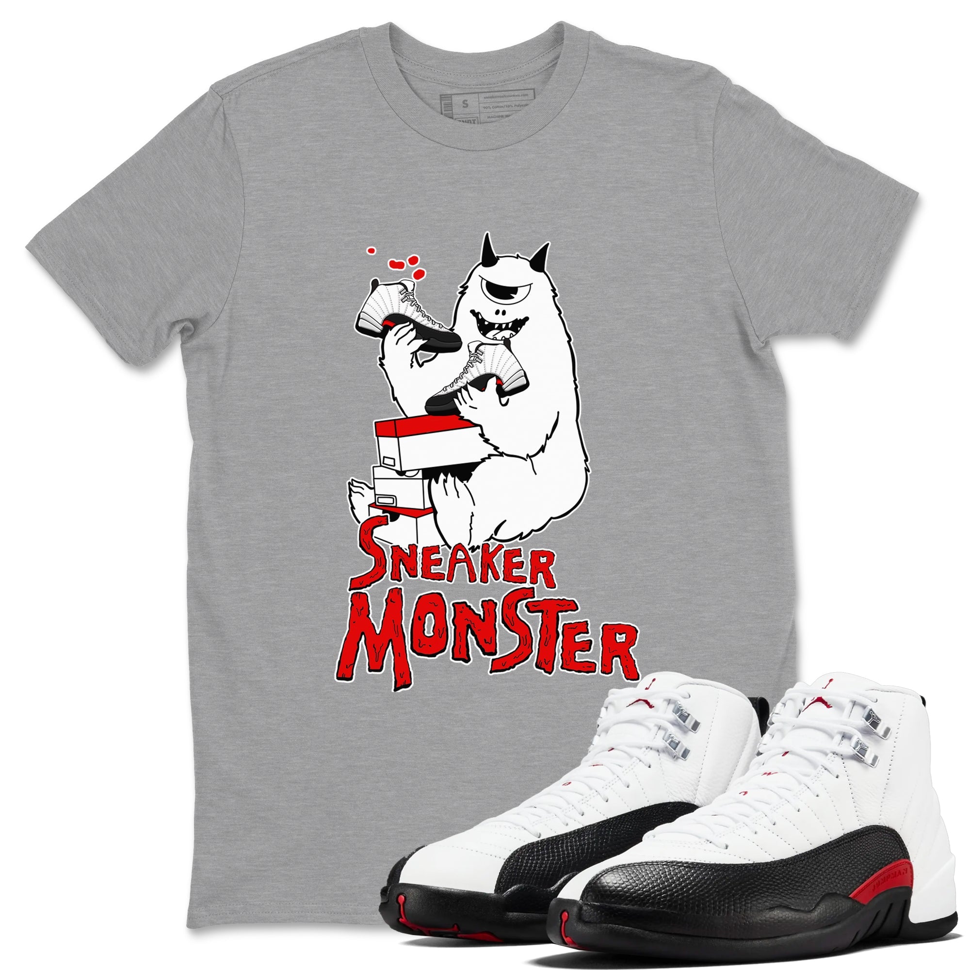 Air Jordan 12 Retro Taxi Flip shirts to match jordans Sneaker Monster sneaker match tees 12s Red Taxi SNRT sneaker release Tees unisex cotton Heather Grey 1 crew neck shirt