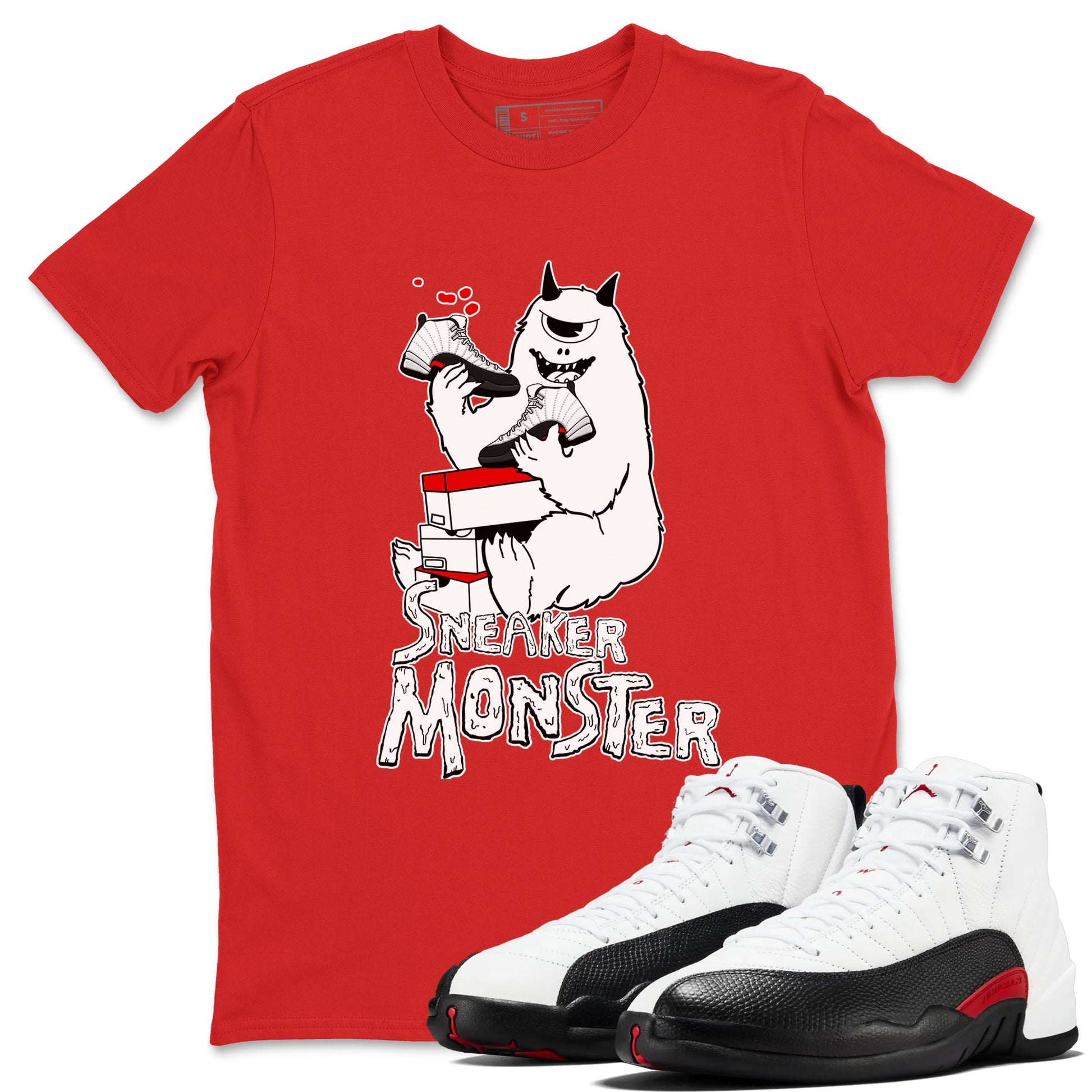 Air Jordan 12 Retro Taxi Flip shirts to match jordans Sneaker Monster sneaker match tees 12s Red Taxi SNRT sneaker release Tees unisex cotton Red 1 crew neck shirt