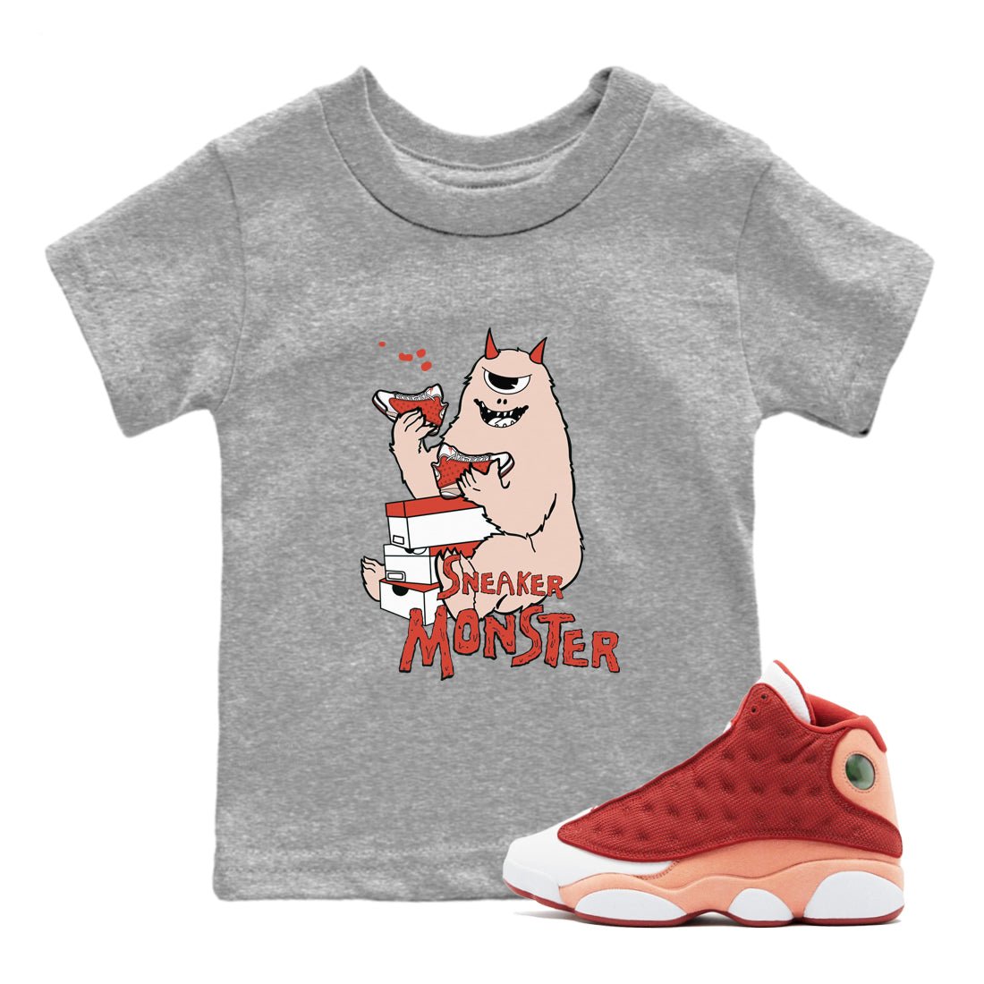 13s Dune Red shirts to match jordans Sneaker Monster sneaker match tees Air Jordan 13 Dune Red SNRT Sneaker Tees streetwear brand Baby and Youth Heather Grey 1 cotton tee
