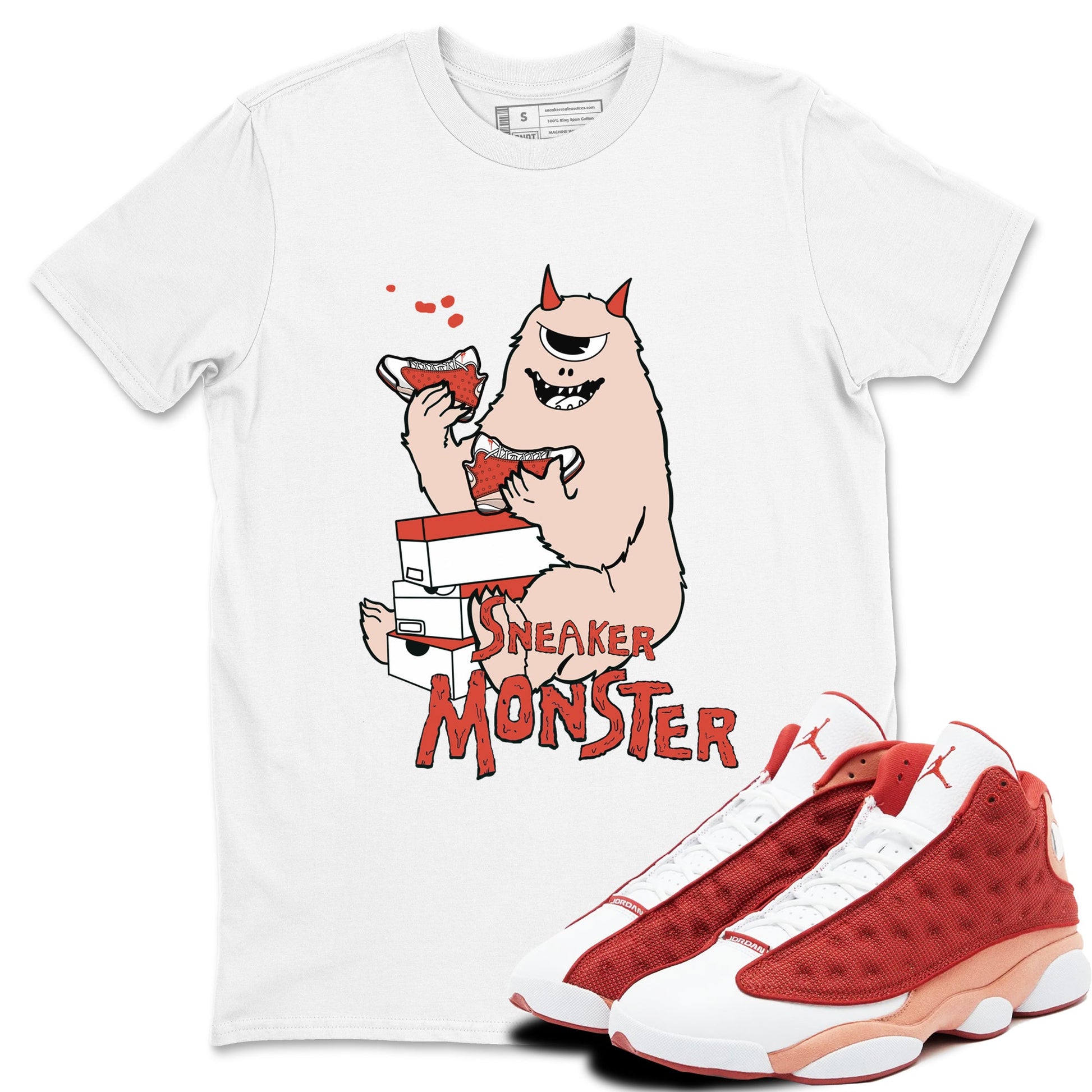 13s Dune Red shirts to match jordans Sneaker Monster sneaker match tees Air Jordan 13 Dune Red SNRT Sneaker Tees streetwear brand White 1 unisex cotton tee