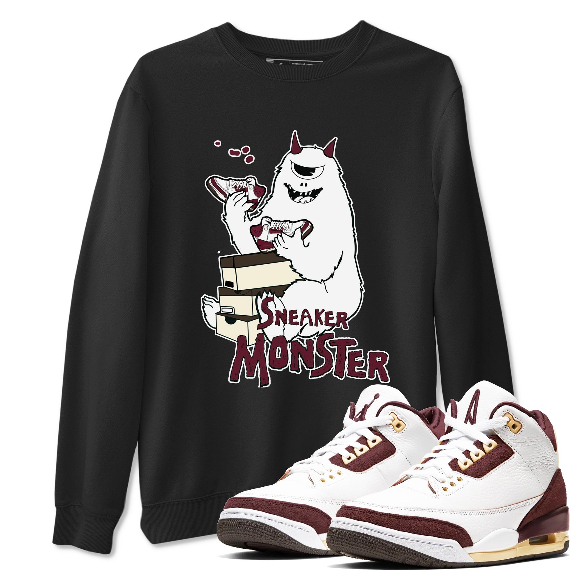 3s A Ma Maniere x Burgundy Crush shirts to match jordans Sneaker Monster sneaker match teesA Ma Maniére x Air Jordan 3 "Burgundy Crush" SNRT Sneaker Tees streetwear brand Black 1 unisex cotton tee