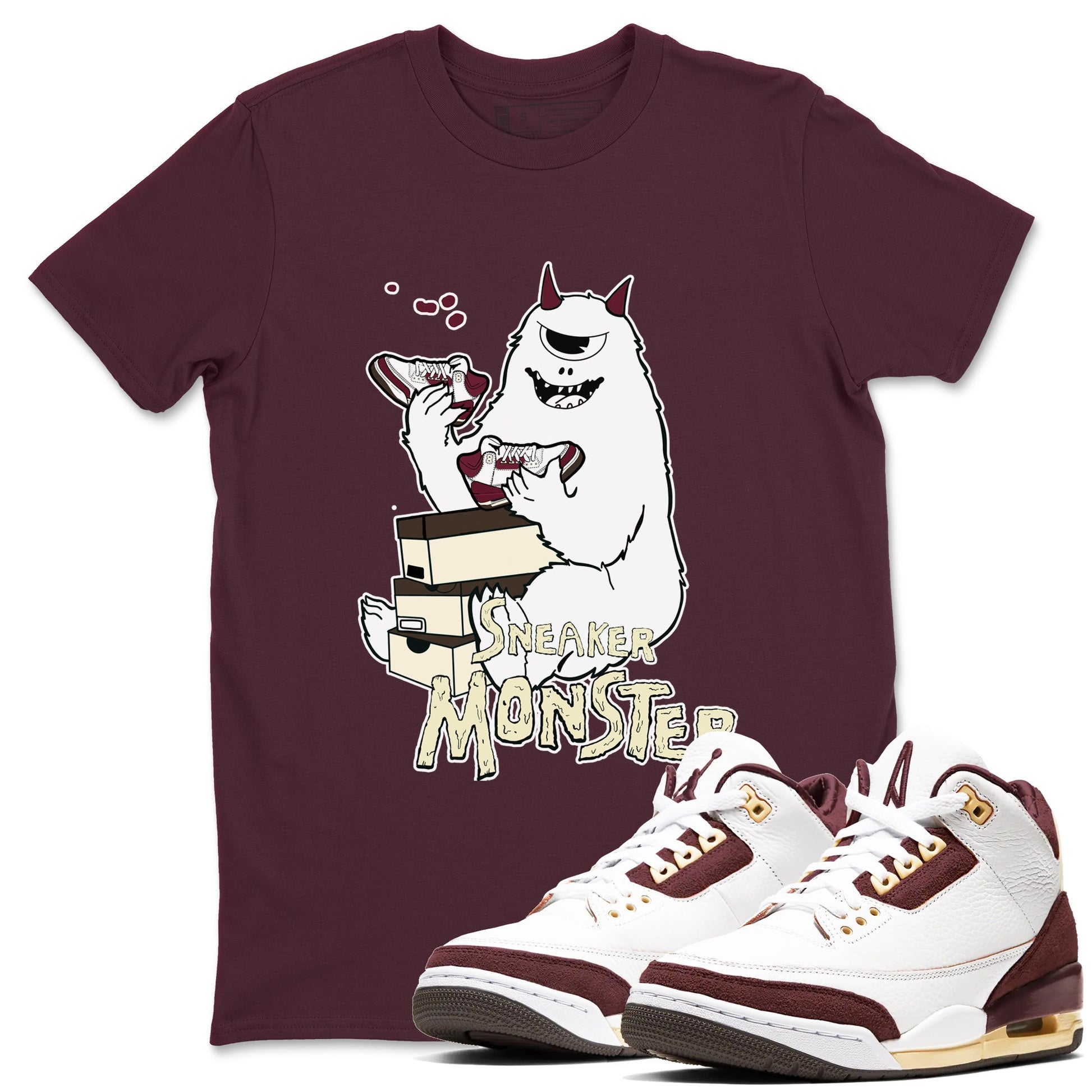 3s A Ma Maniere x Burgundy Crush shirts to match jordans Sneaker Monster sneaker match teesA Ma Maniére x Air Jordan 3 "Burgundy Crush" SNRT Sneaker Tees streetwear brand Maroon 1 unisex cotton tee