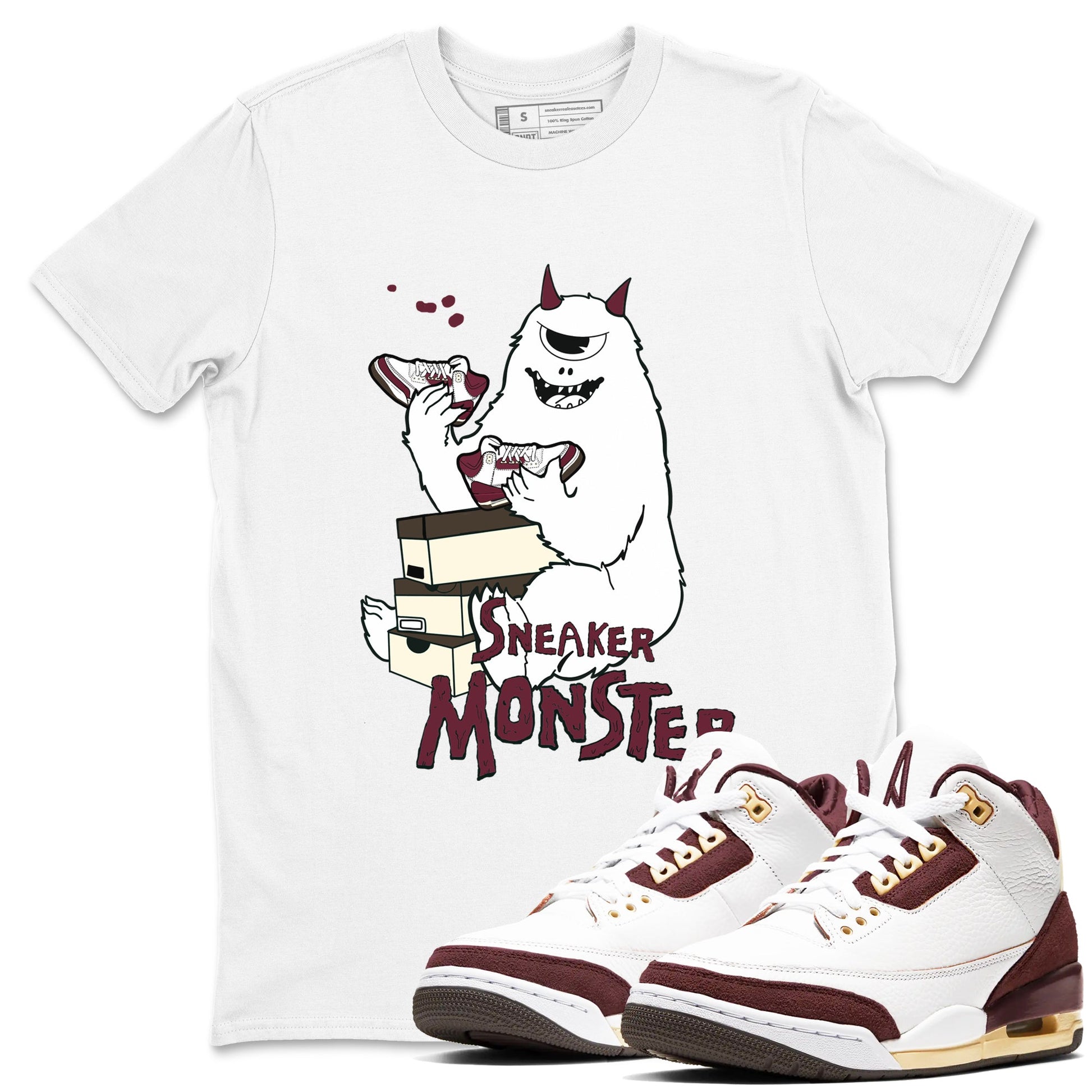 3s A Ma Maniere x Burgundy Crush shirts to match jordans Sneaker Monster sneaker match teesA Ma Maniére x Air Jordan 3 "Burgundy Crush" SNRT Sneaker Tees streetwear brand White 1 unisex cotton tee