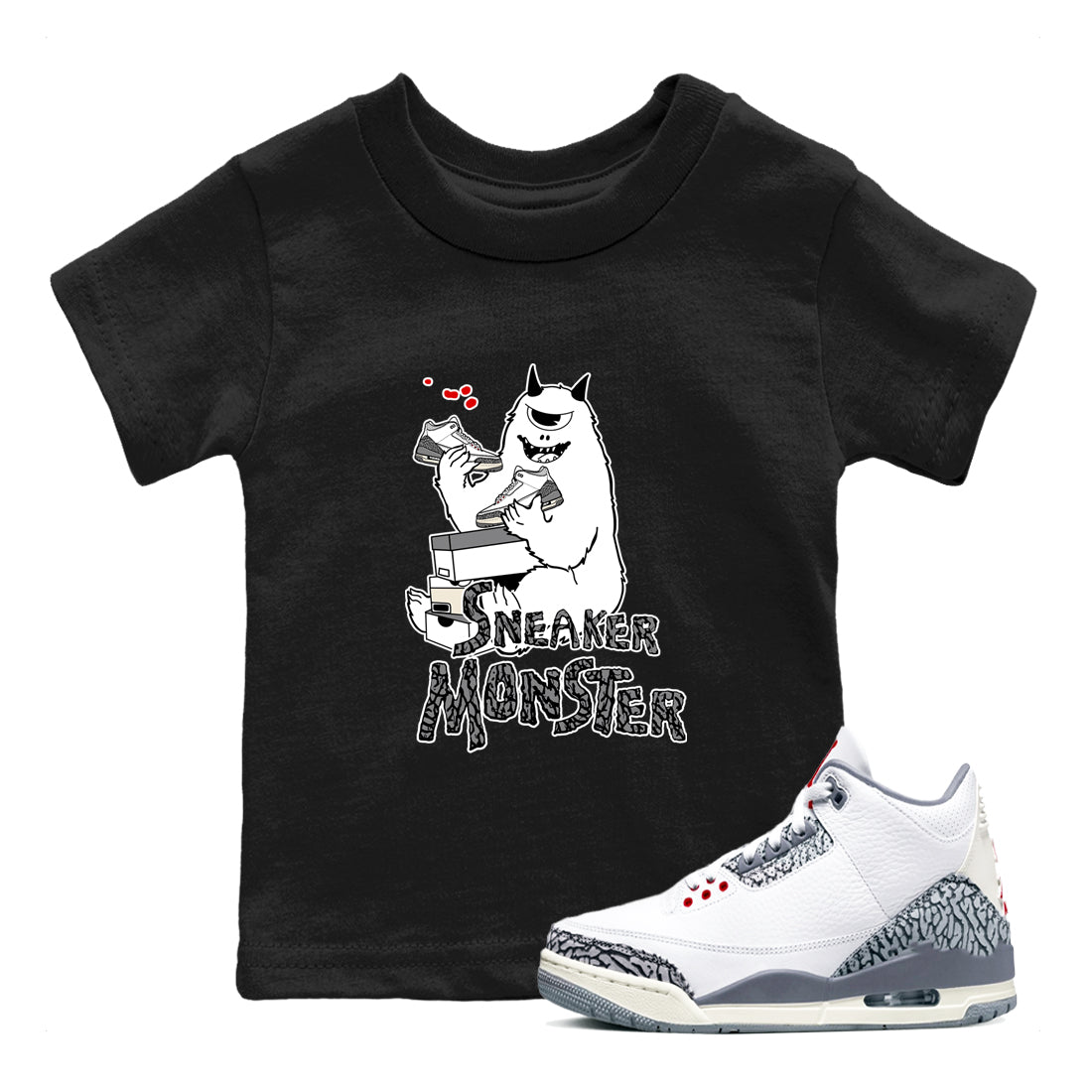 3s Cement Grey shirts to match jordans Sneaker Monster sneaker match tees Air Jordan 3 Cement Grey SNRT Sneaker Release Tees Youth Baby Black 1 crew neck shirts