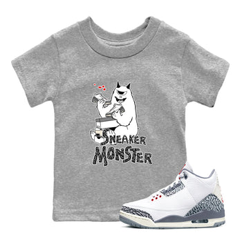 3s Cement Grey shirts to match jordans Sneaker Monster sneaker match tees Air Jordan 3 Cement Grey SNRT Sneaker Release Tees Youth Baby Heather Grey 1 crew neck shirts