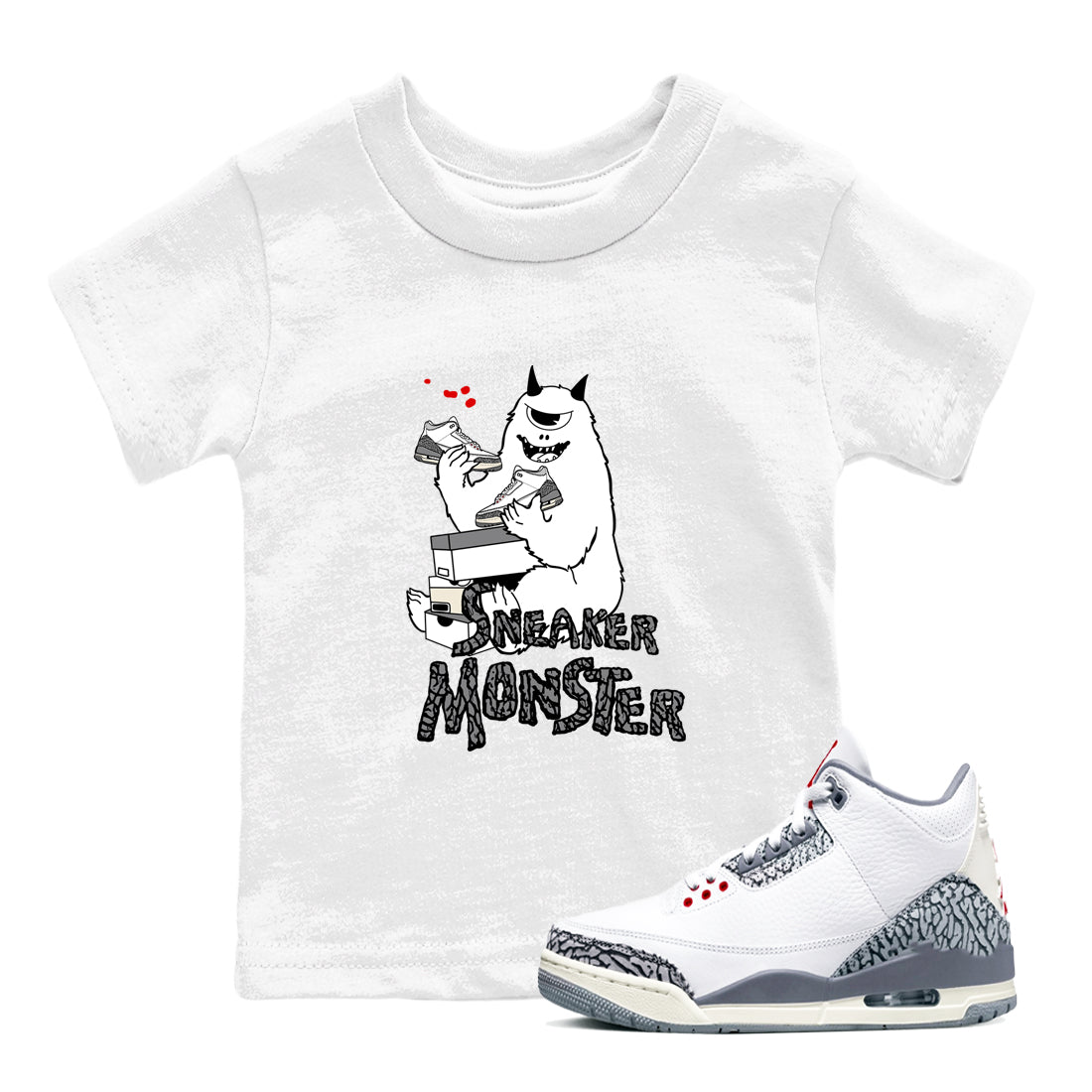 3s Cement Grey shirts to match jordans Sneaker Monster sneaker match tees Air Jordan 3 Cement Grey SNRT Sneaker Release Tees Youth Baby White 1 crew neck shirts