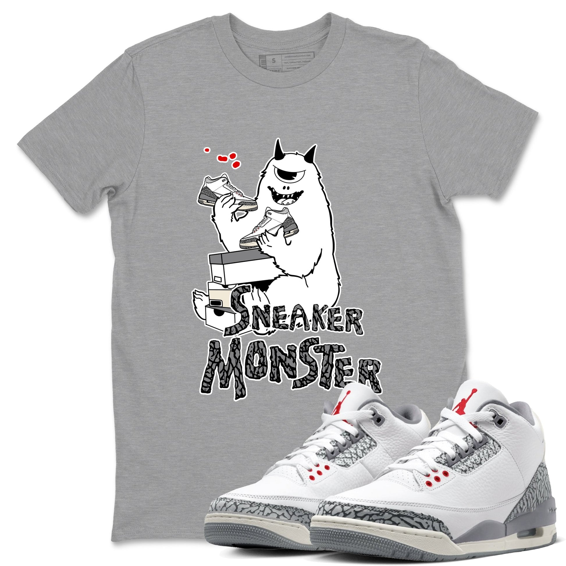 3s Cement Grey shirts to match jordans Sneaker Monster sneaker match tees Air Jordan 3 Cement Grey SNRT Sneaker Release Tees unisex cotton Heather Grey 1 crew neck shirts