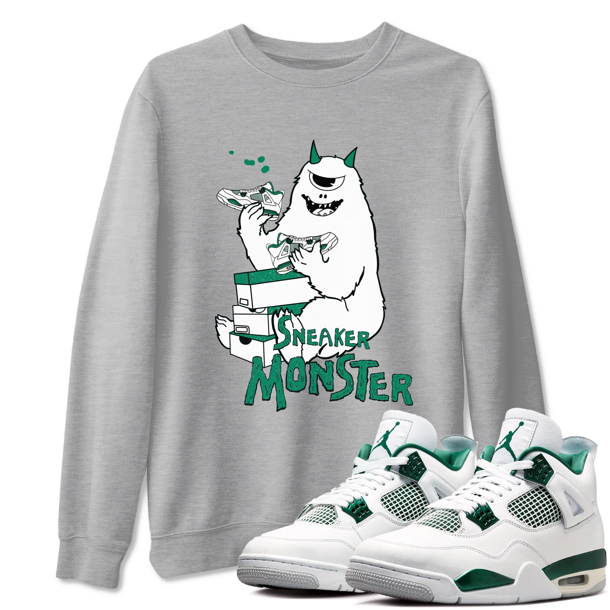 4s Oxidized Green shirts to match jordans Sneaker Monster sneaker match tees Air Jordan 4 Oxidized Green SNRT Sneaker Tees streetwear brand Heather Grey 1 unisex cotton tee