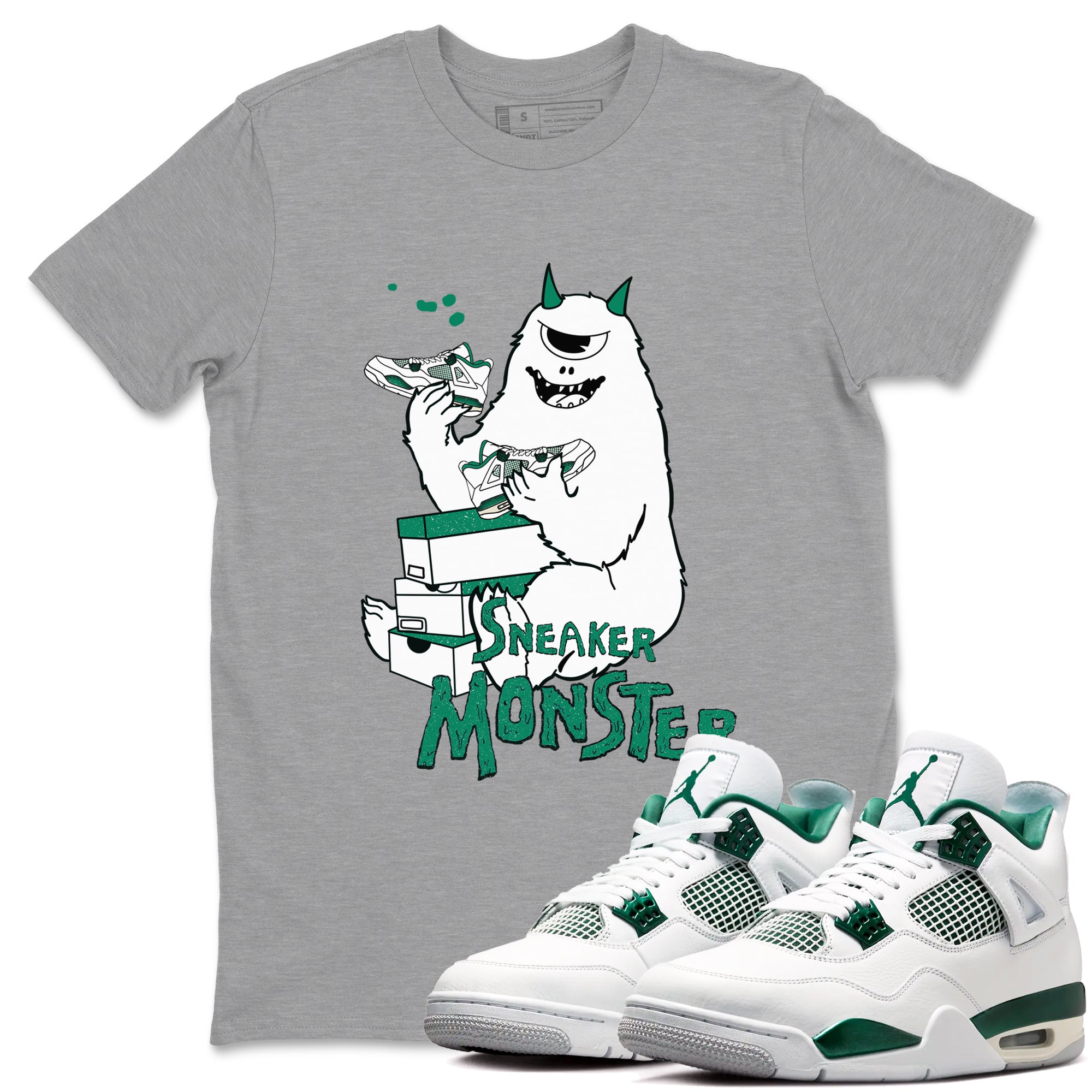 4s Oxidized Green shirts to match jordans Sneaker Monster sneaker match tees Air Jordan 4 Oxidized Green SNRT Sneaker Tees streetwear brand Heather Grey 1 unisex cotton tee