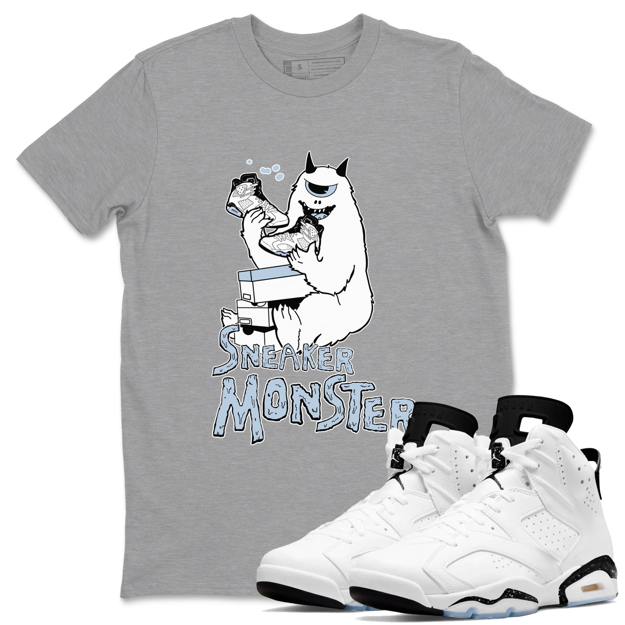 Air Jordan 6 Reverse Oreo shirts to match jordans Sneaker Monster sneaker match tees Air Jordan 6 White Black SNRT Sneaker Release Tees unisex cotton Heather Grey 1 crew neck shirt