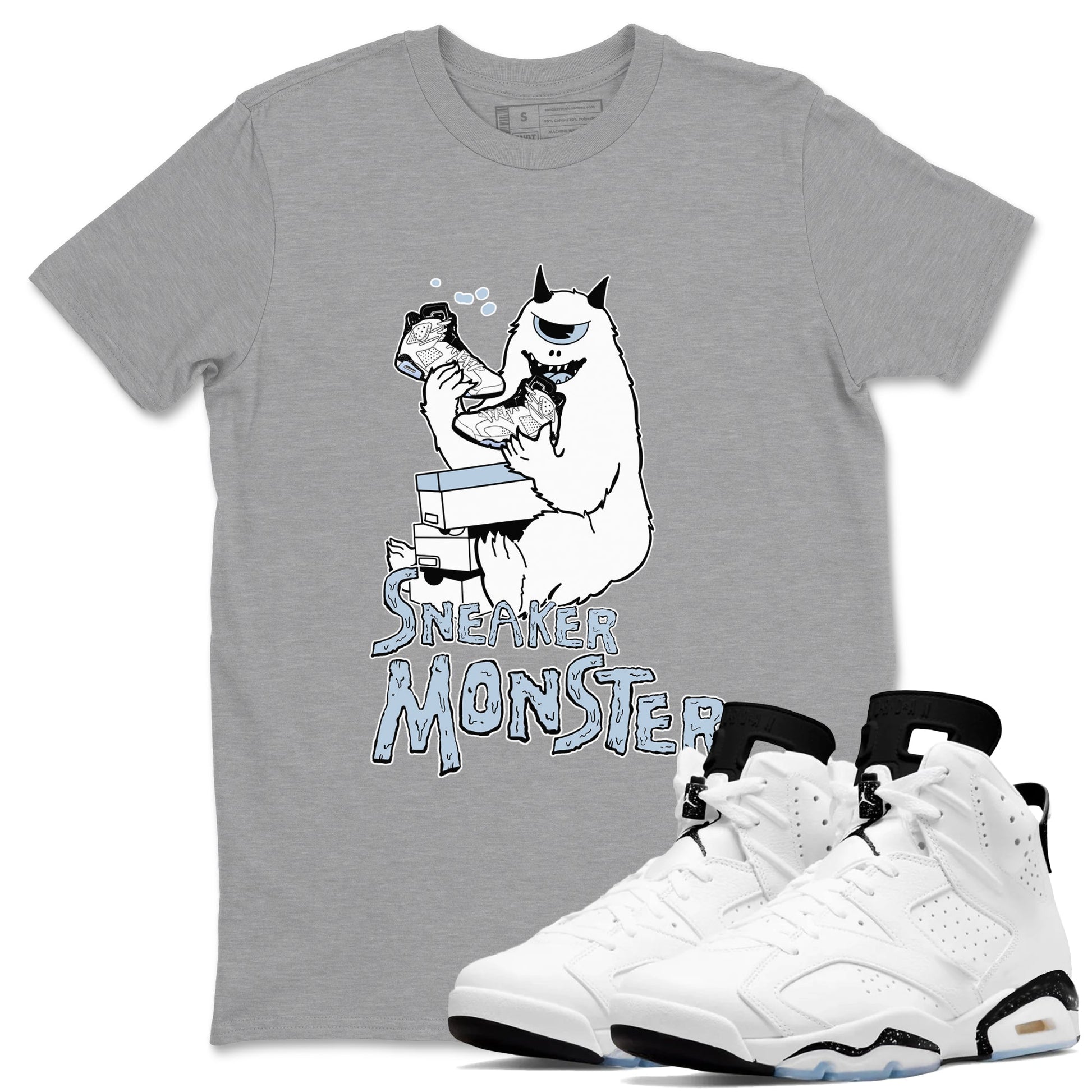 Air Jordan 6 Reverse Oreo shirts to match jordans Sneaker Monster sneaker match tees Air Jordan 6 White Black SNRT Sneaker Release Tees unisex cotton Heather Grey 1 crew neck shirt