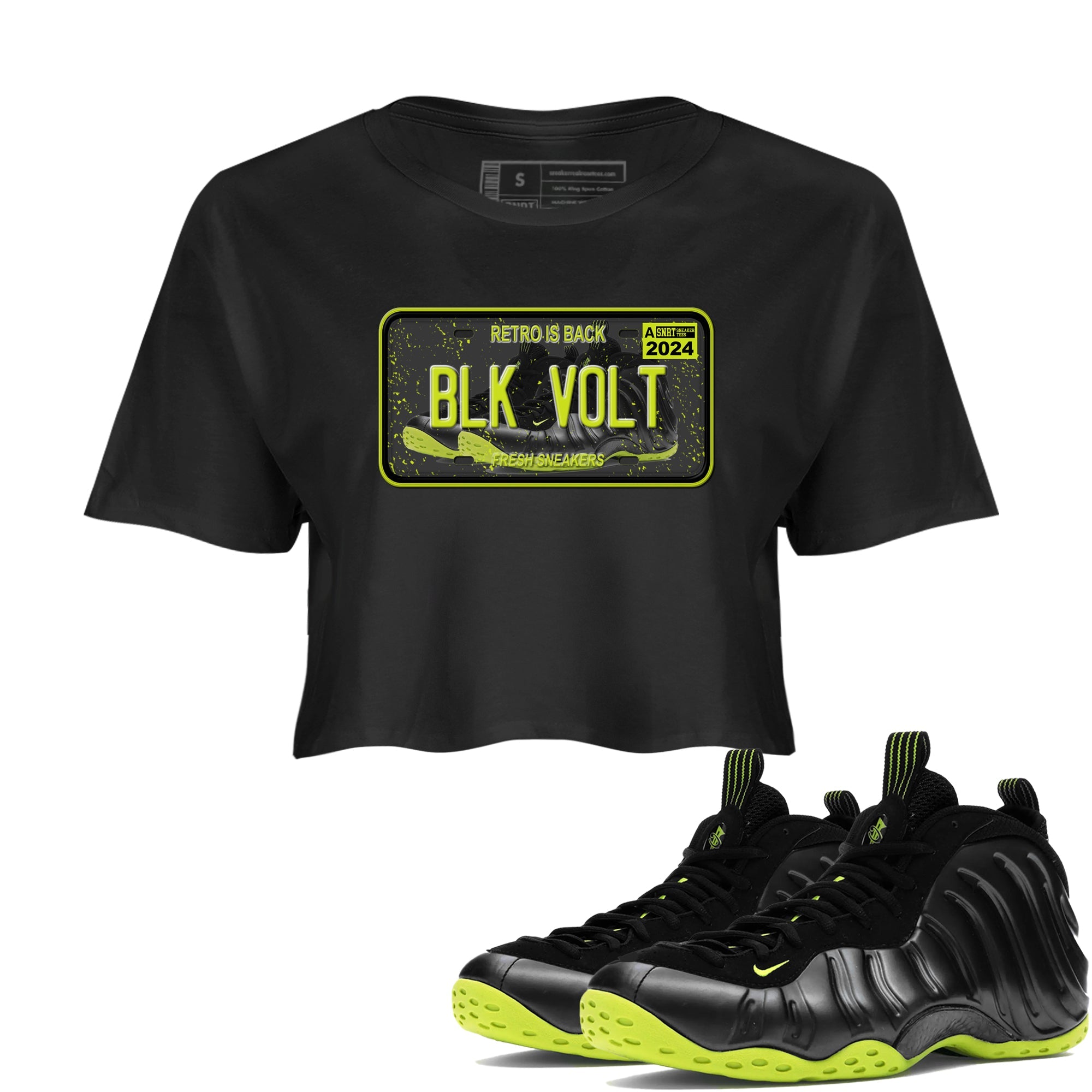 Foams One Black Volt shirts to match jordans Sneaker Plate sneaker match tees Air Foamposite One Black and Volt match shoes to clothes SNRT Sneaker Tees unisex cotton Black 1 crop tee
