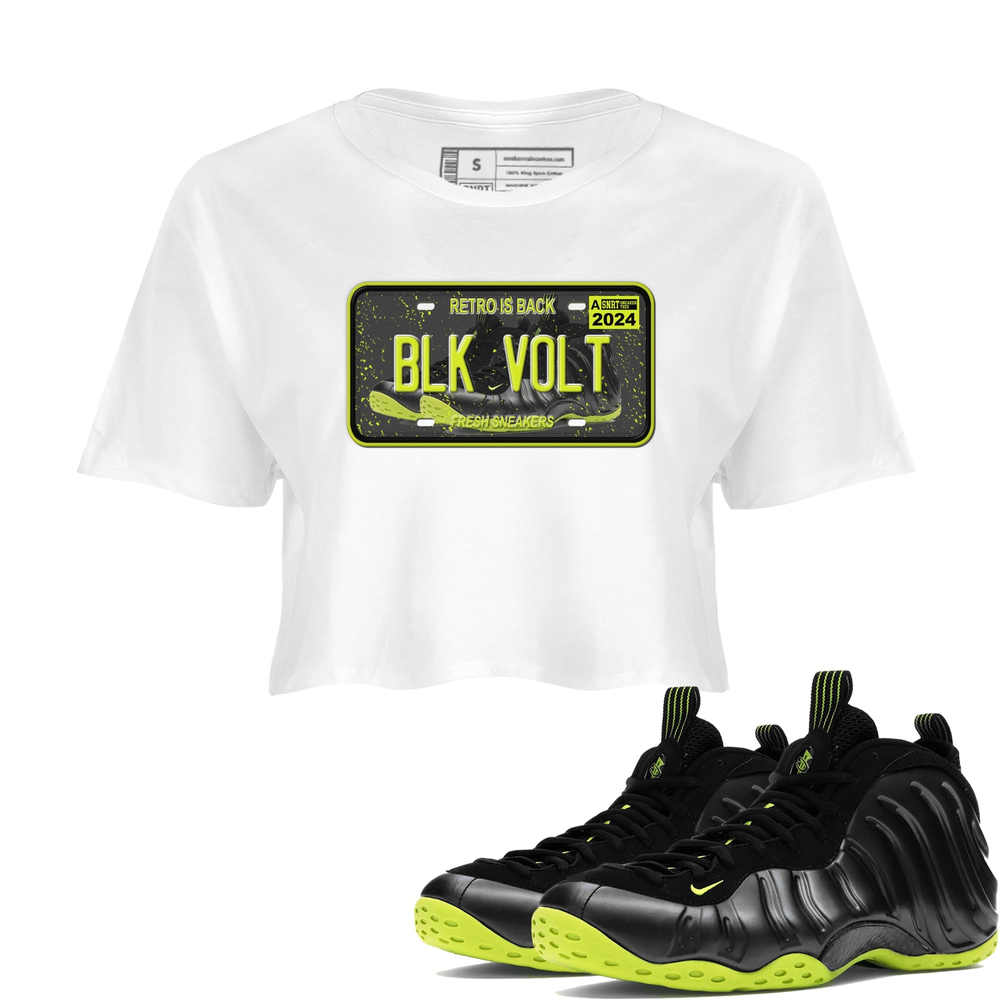 Foams One Black Volt shirts to match jordans Sneaker Plate sneaker match tees Air Foamposite One Black and Volt match shoes to clothes SNRT Sneaker Tees unisex cotton White 1 crop tee