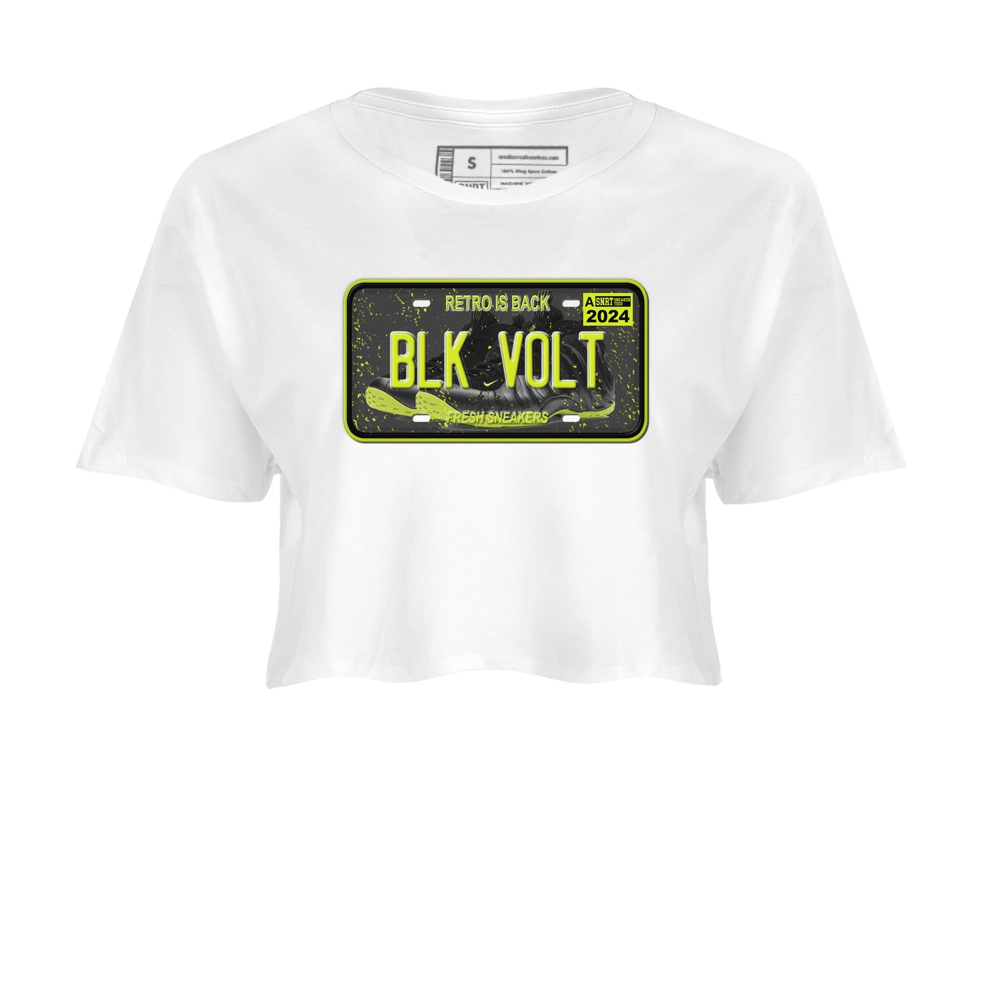 Foams One Black Volt shirts to match jordans Sneaker Plate sneaker match tees Air Foamposite One Black and Volt match shoes to clothes SNRT Sneaker Tees unisex cotton White 2 crop tee