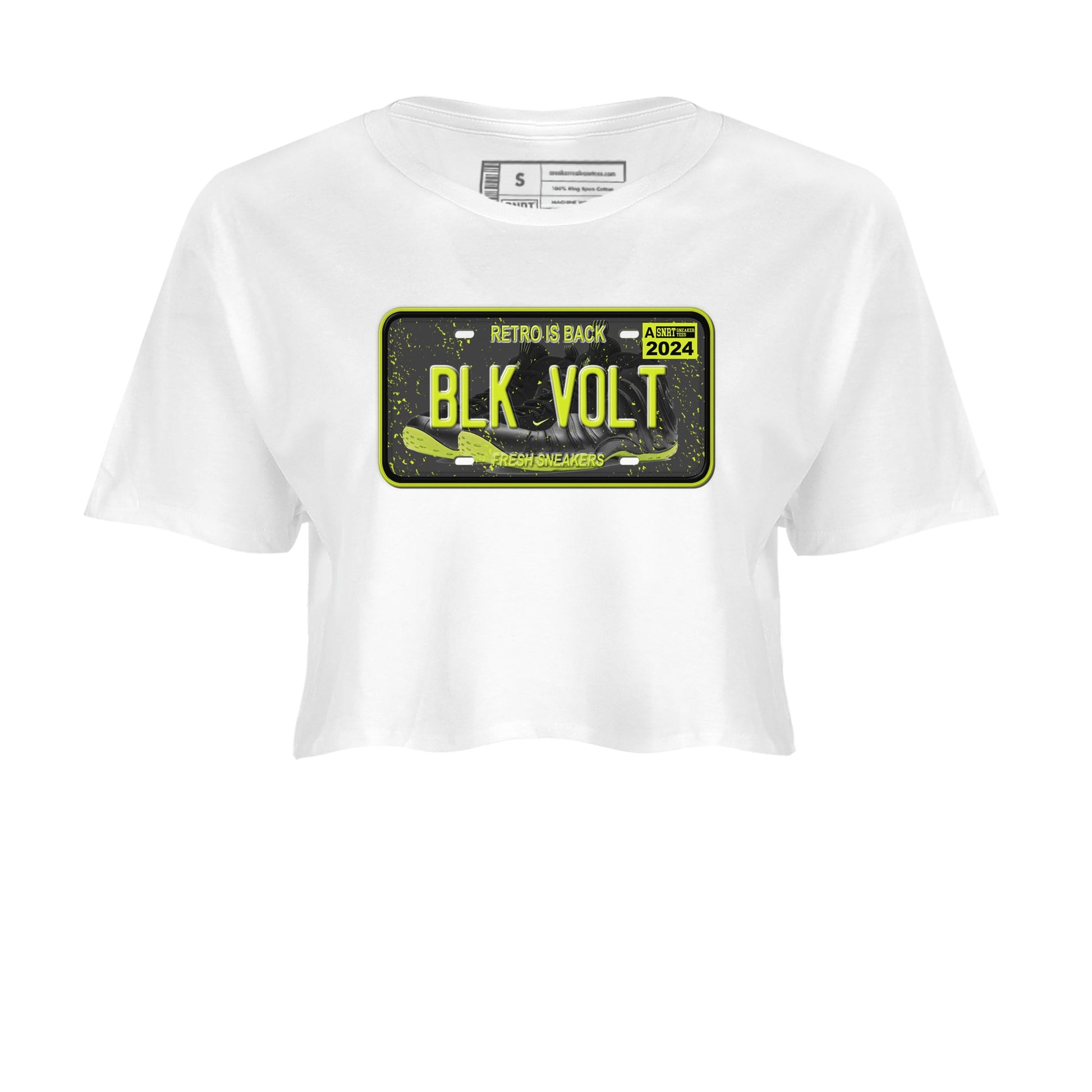 Foams One Black Volt shirts to match jordans Sneaker Plate sneaker match tees Air Foamposite One Black and Volt match shoes to clothes SNRT Sneaker Tees unisex cotton White 2 crop tee