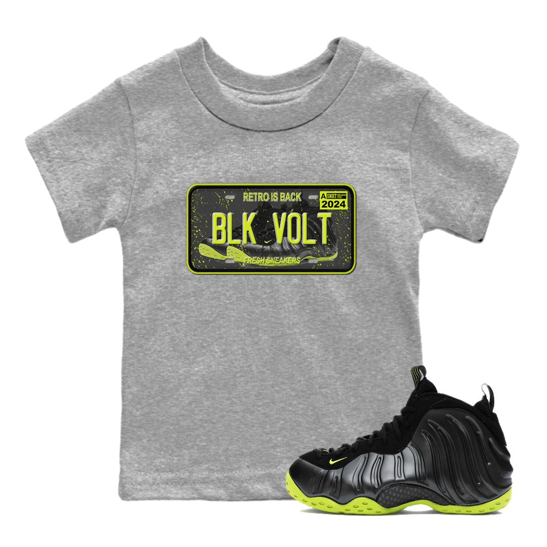 Foams One Black Volt shirts to match jordans Sneaker Plate sneaker match tees Air Foamposite One Black and Volt match shoes to clothes SNRT Sneaker Tees Youth Baby Heather Grey 1 tee